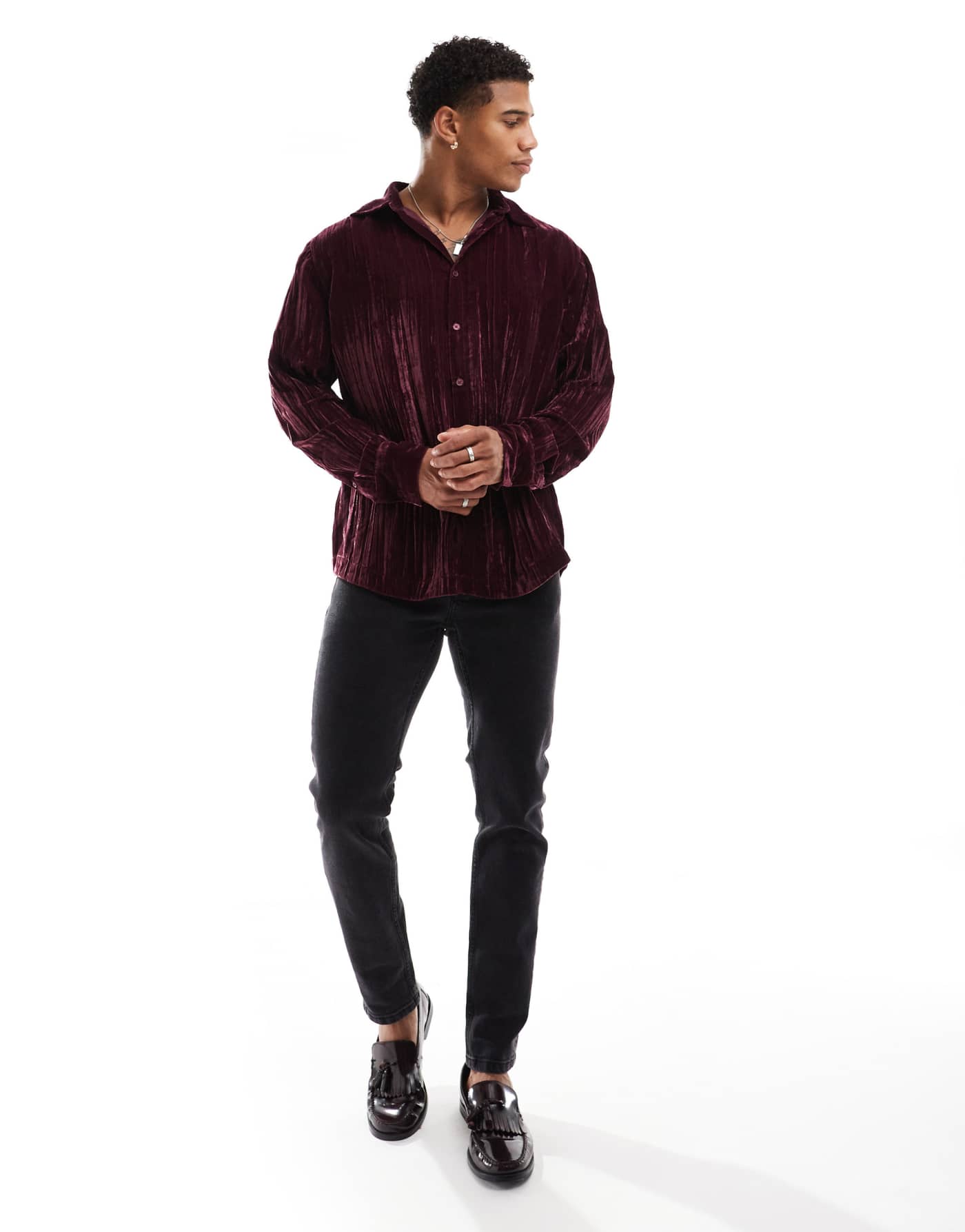 ASOS DESIGN shirt in crinkle velvet in burgundy