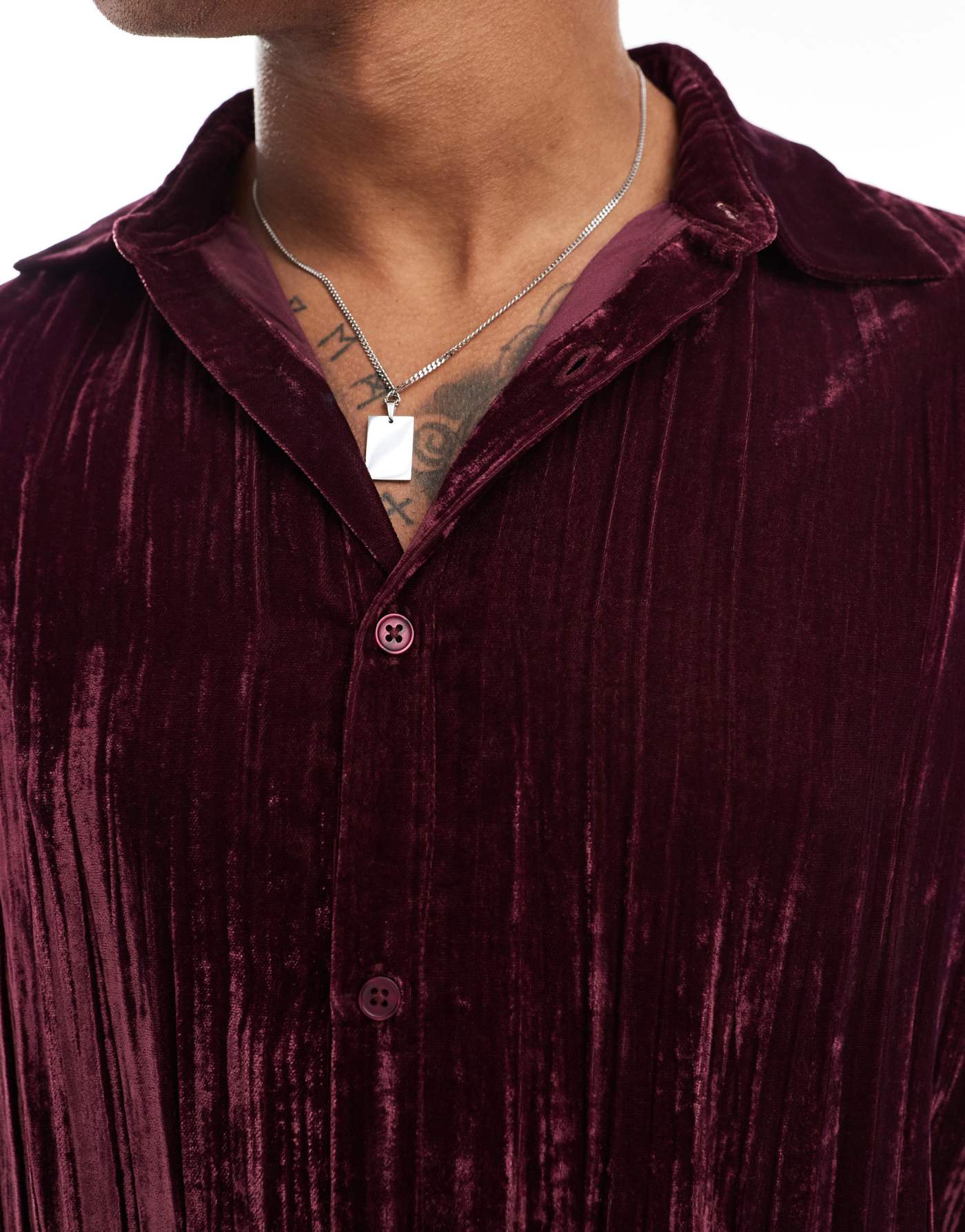 ASOS DESIGN shirt in crinkle velvet in burgundy