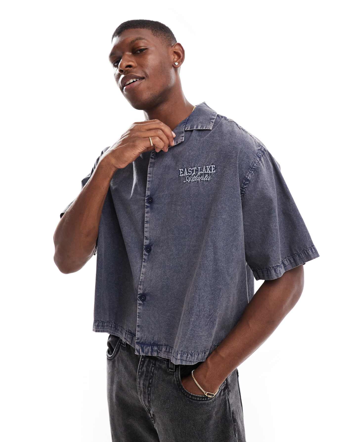 ASOS DESIGN boxy oversized revere shirt with tonal chest embroidery in blue wash