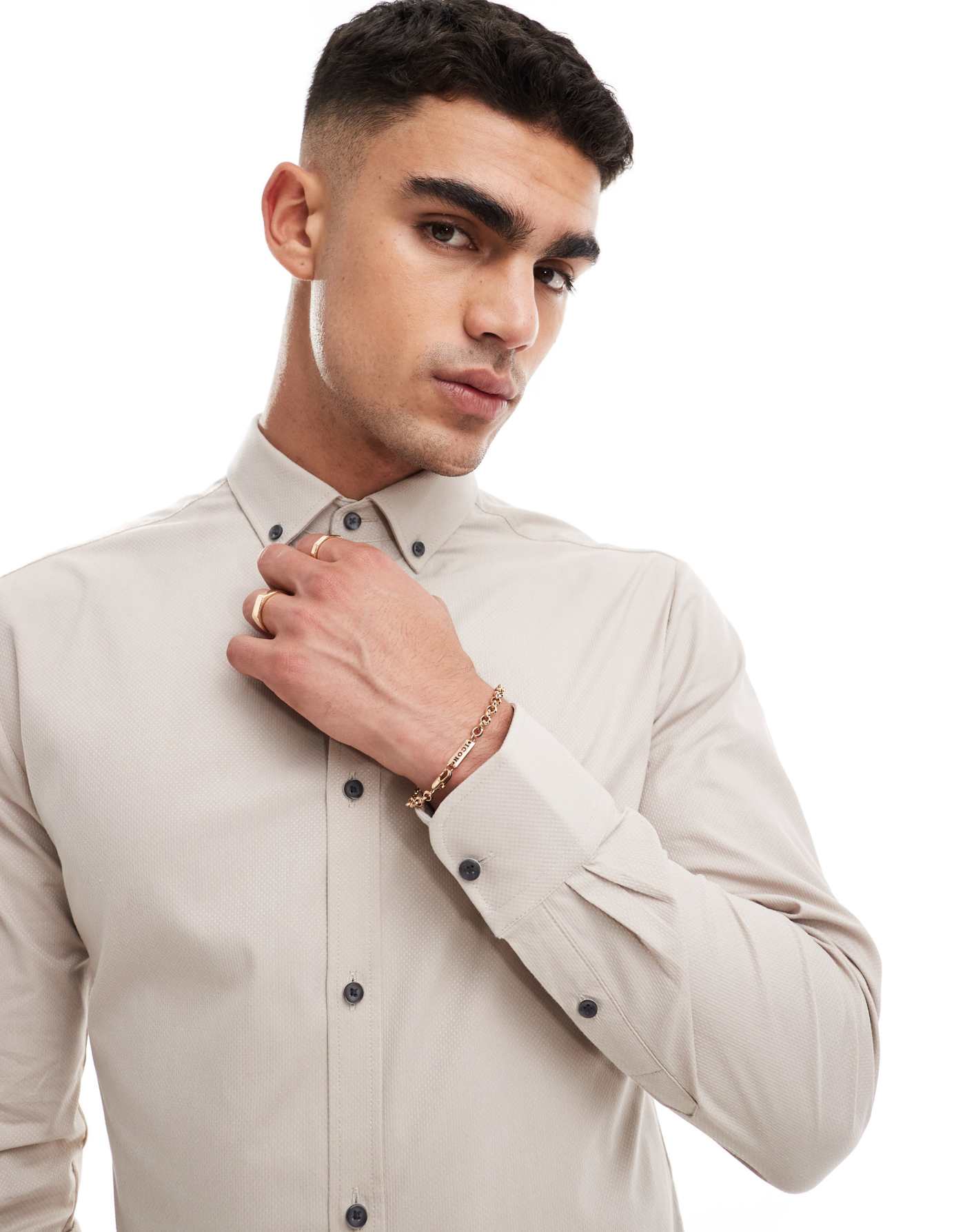 River Island long sleeved textured muscle shirt in light stone