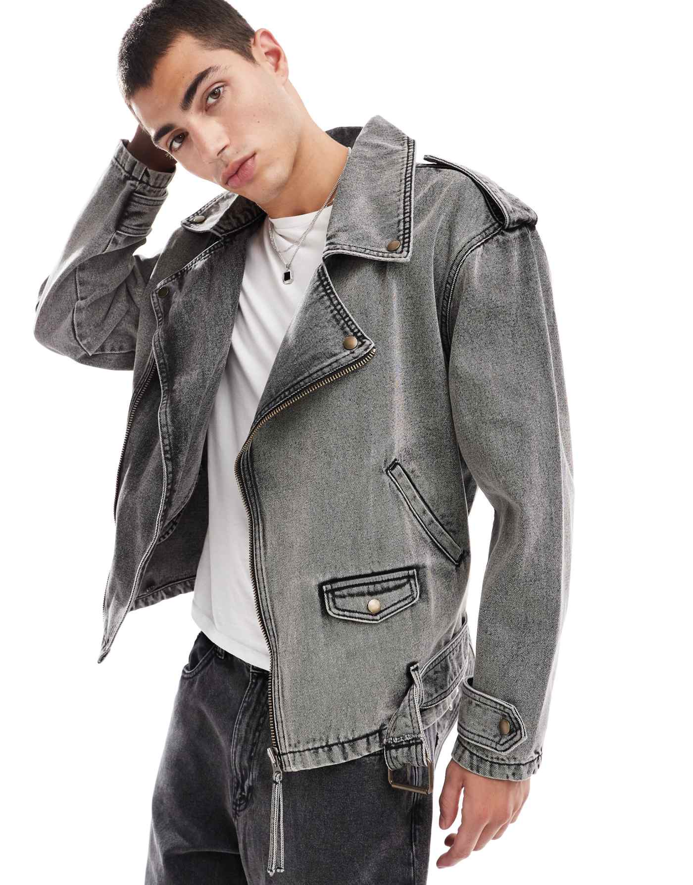 ASOS DESIGN oversized biker jacket in washed grey