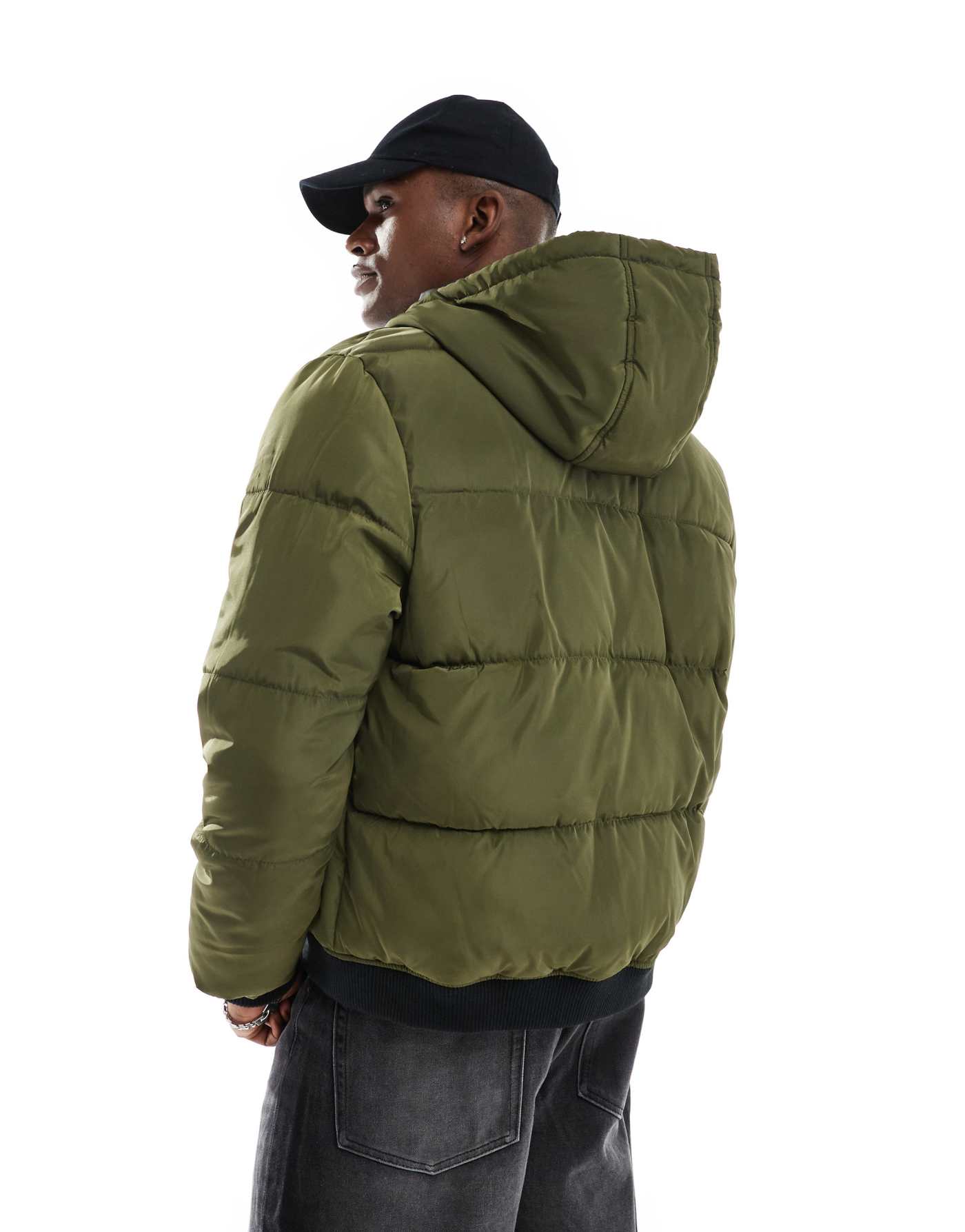 Another Influence zip through quilted bomber jacket in khaki green