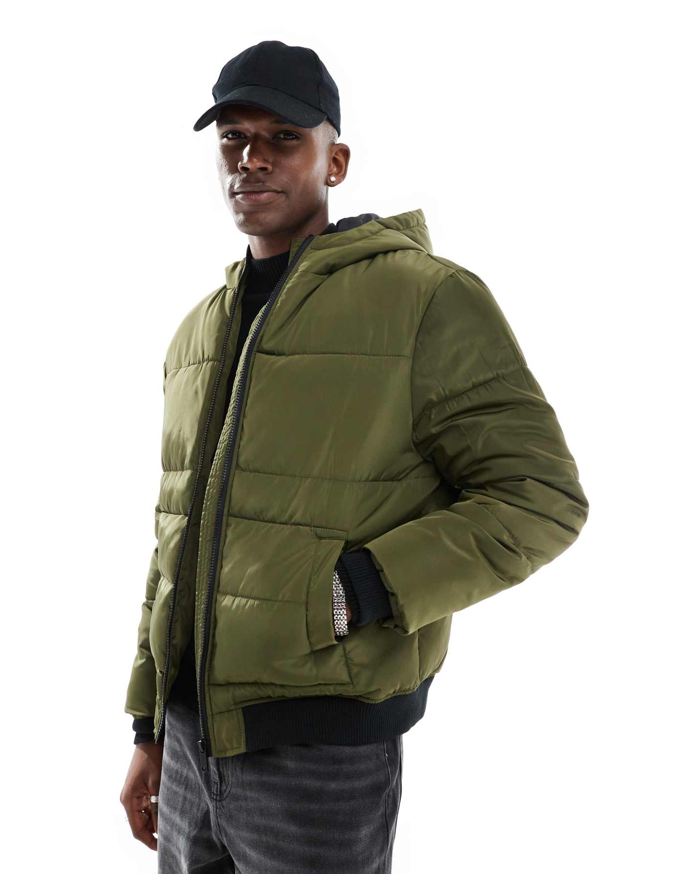 Another Influence zip through quilted bomber jacket in khaki green