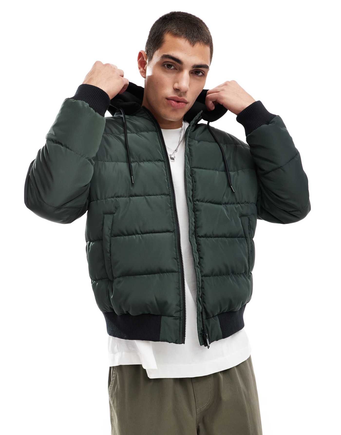 Another Influence contrast hood quilted bomber jacket in green