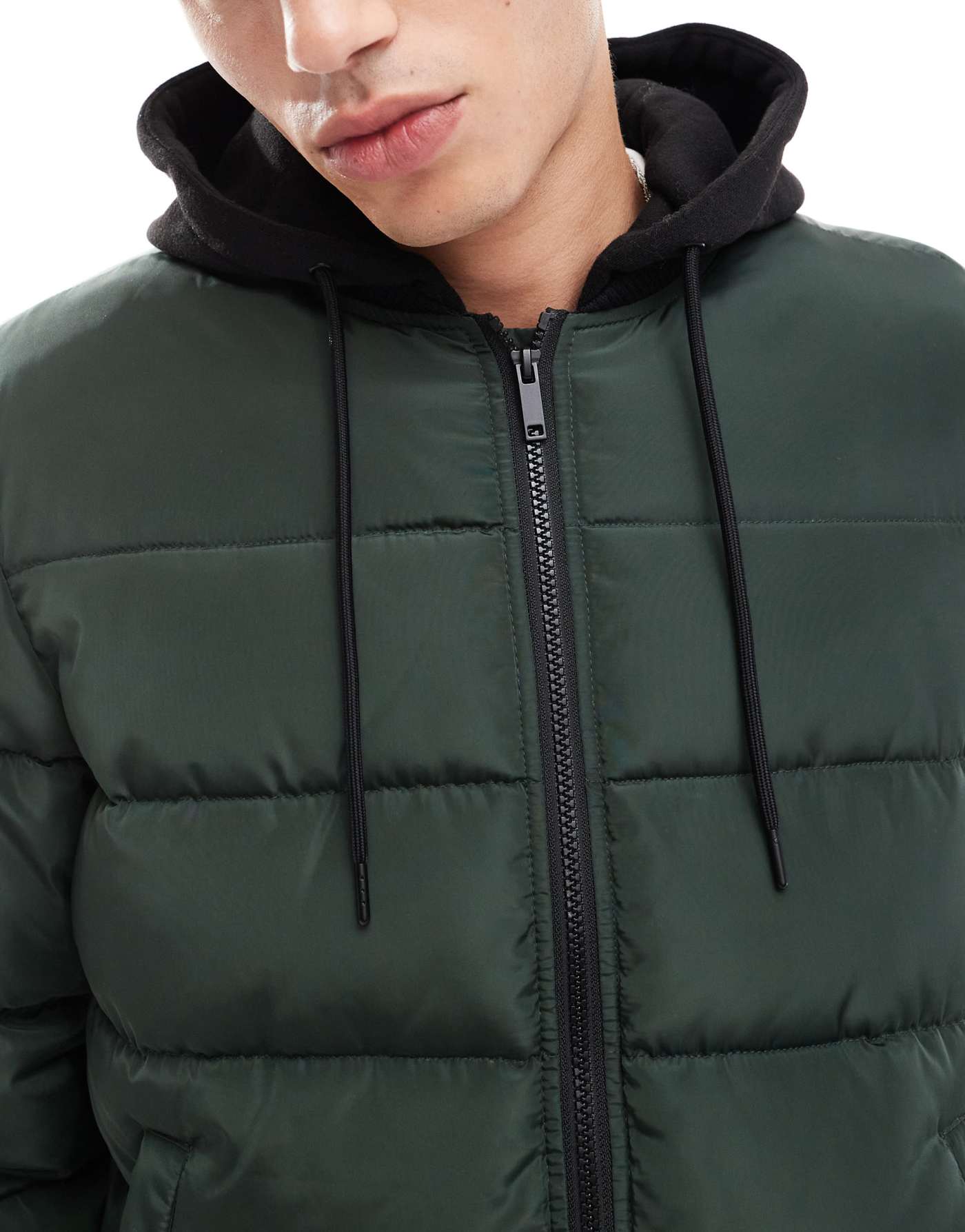 Another Influence contrast hood quilted bomber jacket in green