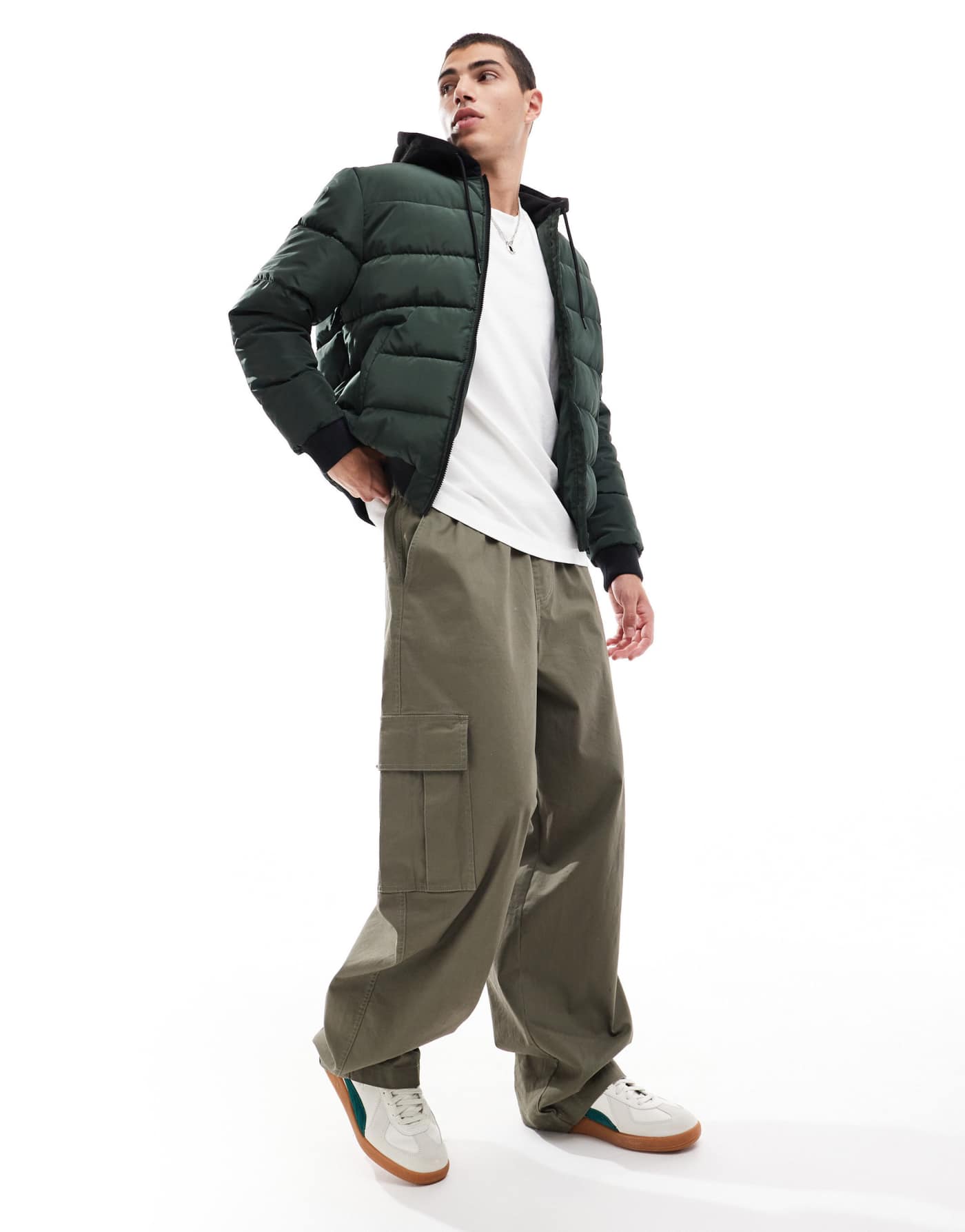 Another Influence contrast hood quilted bomber jacket in green