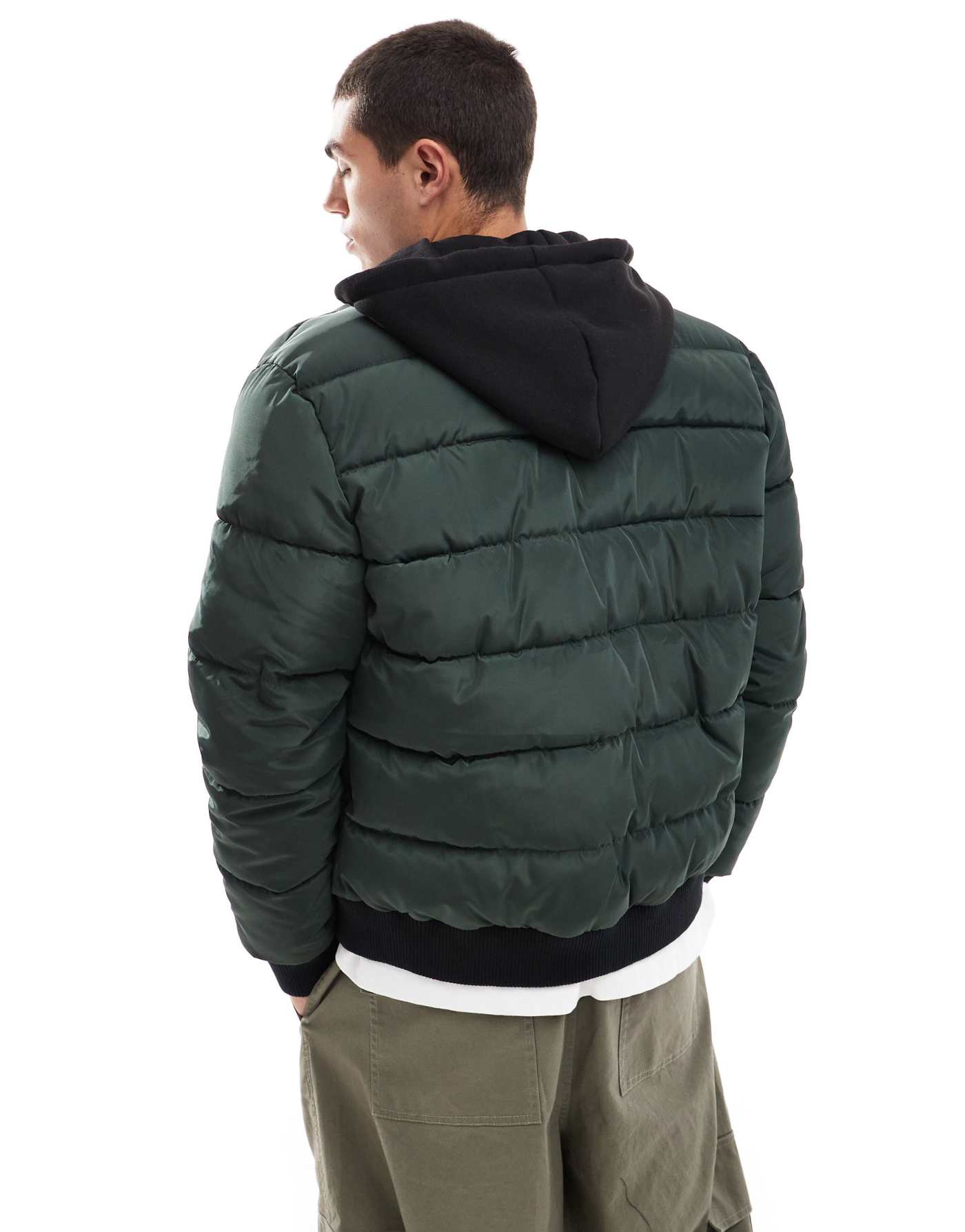 Another Influence contrast hood quilted bomber jacket in green