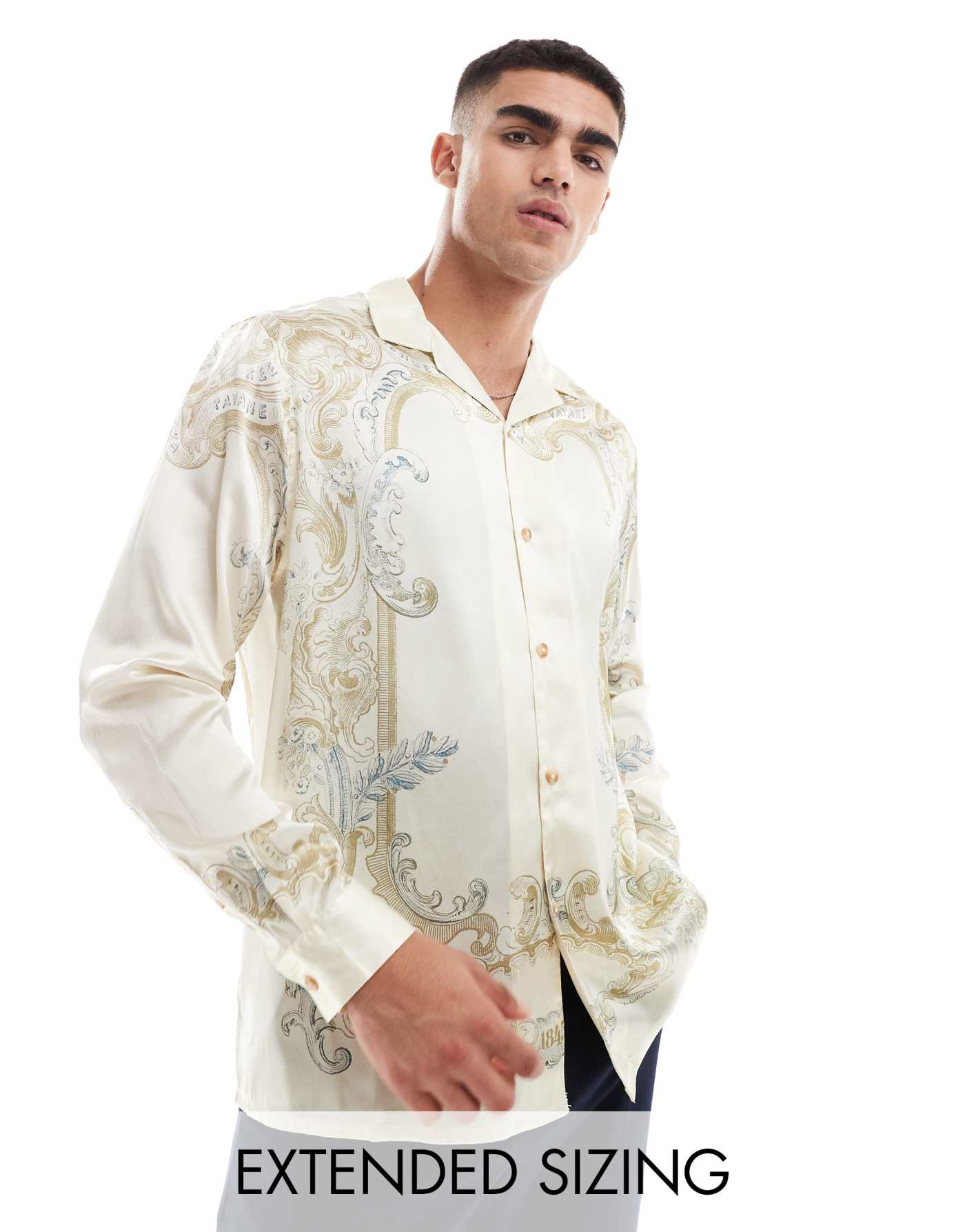 ASOS DESIGN relaxed revere shirt with ornate print in cream