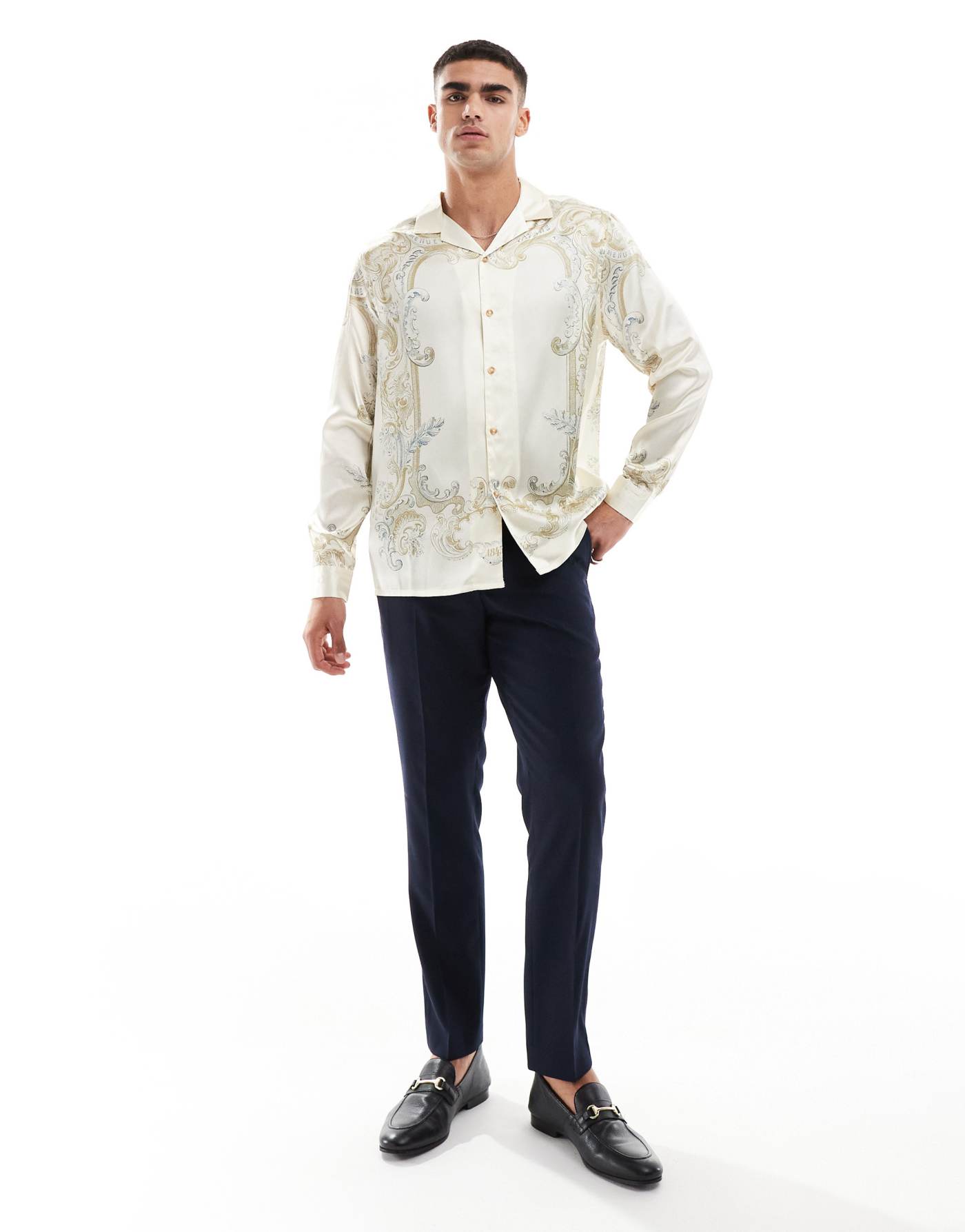 ASOS DESIGN relaxed revere shirt with ornate print in cream