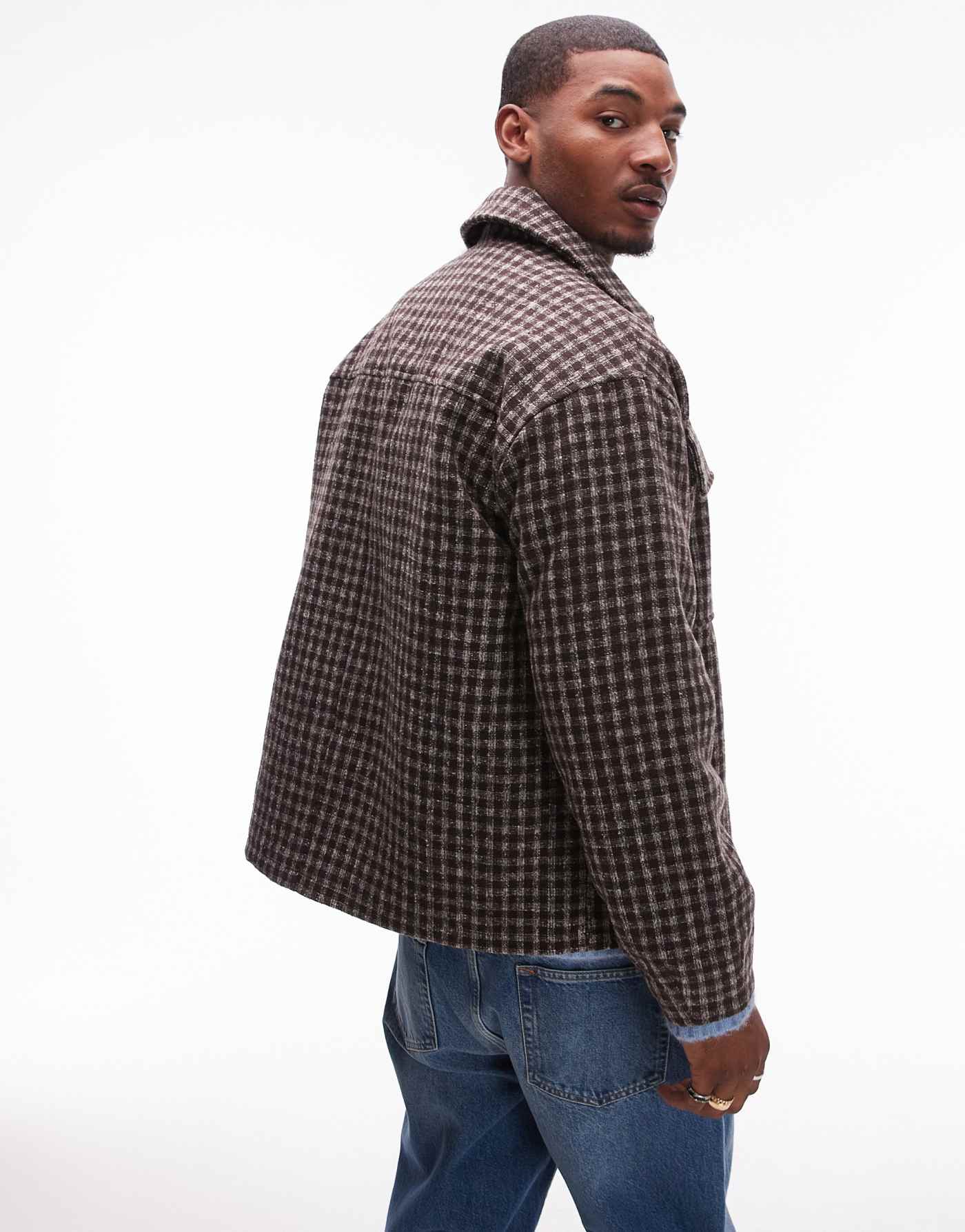 Topman check overshirt in brown check