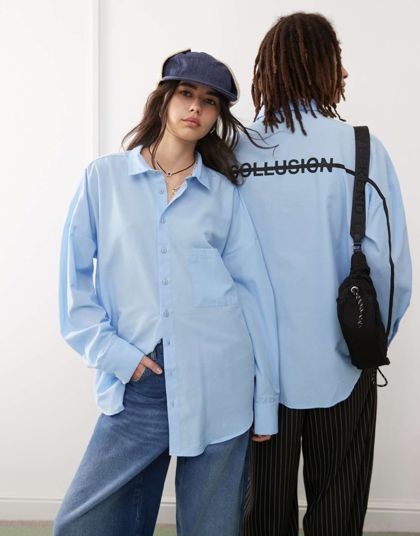 COLLUSION unisex oversized shirt with back print in blue