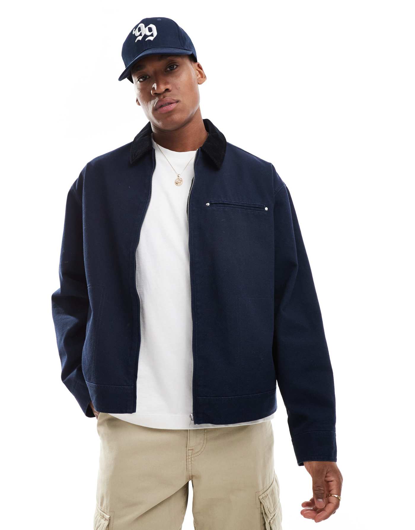 ASOS DESIGN oversized harrington jacket with cord collar in navy