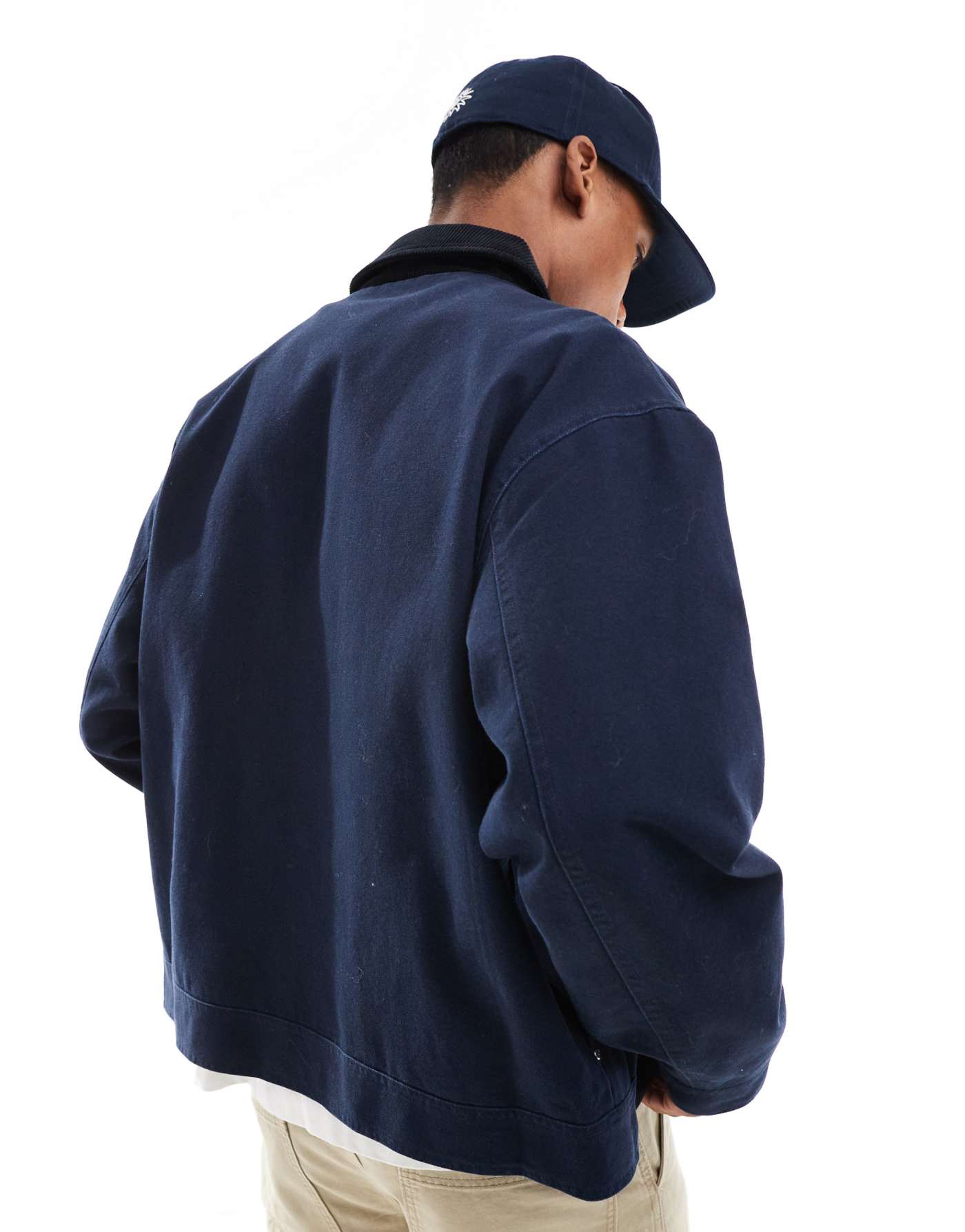 ASOS DESIGN oversized harrington jacket with cord collar in navy