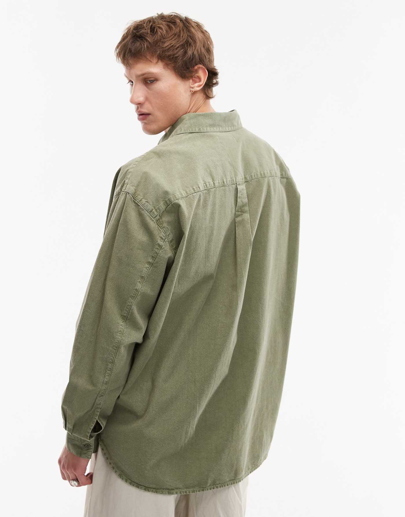 Topman long sleeve oversized shirt in washed green