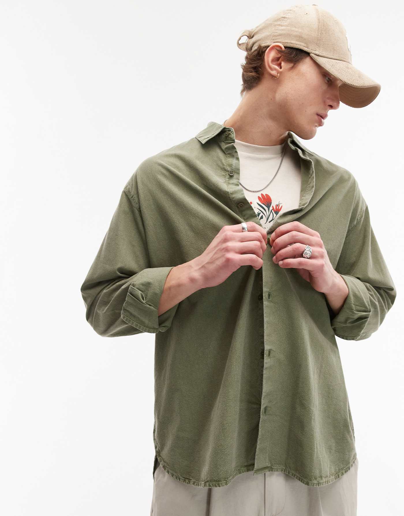 Topman long sleeve oversized shirt in washed green