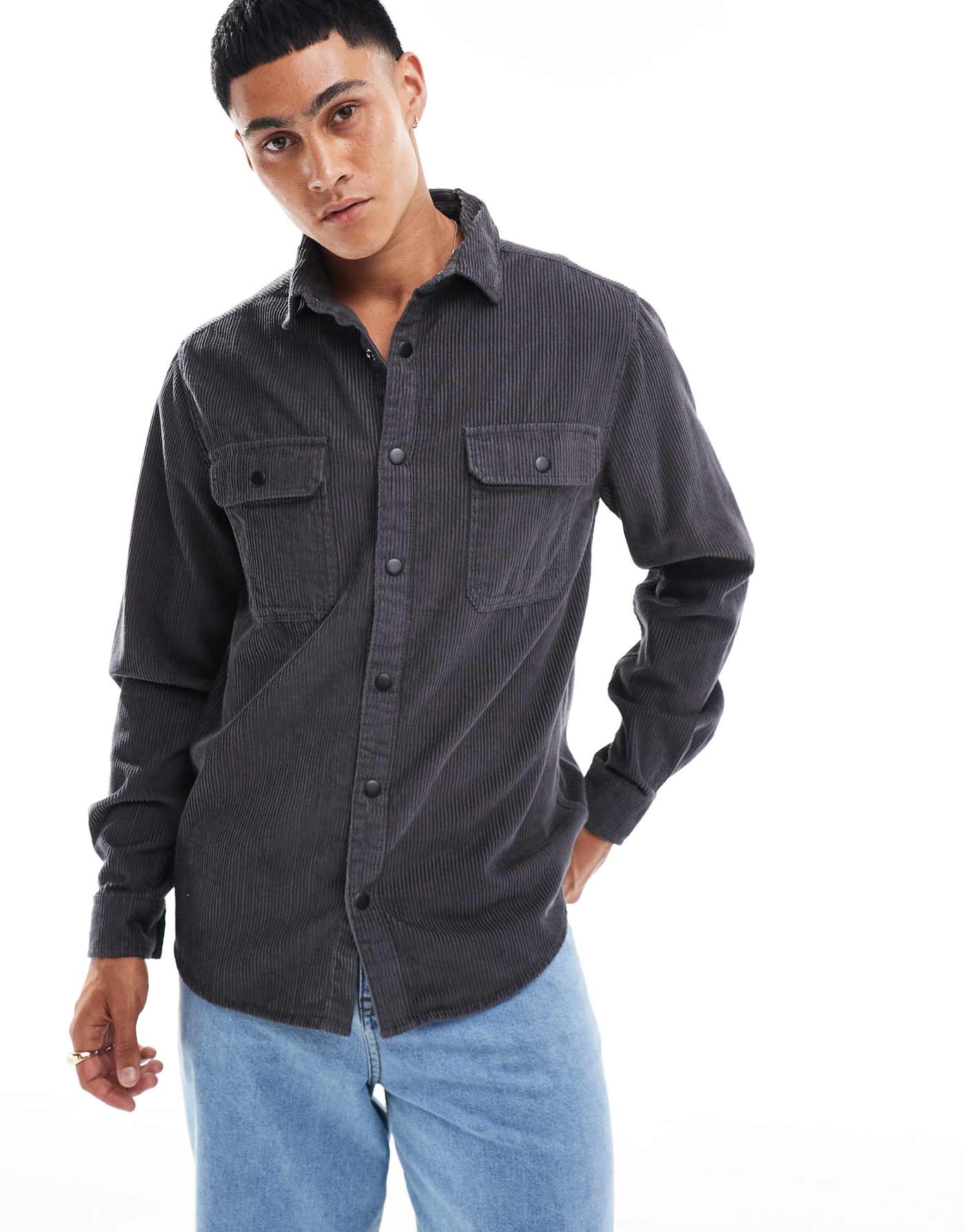 ASOS DESIGN cord overshirt with poppers in slate grey