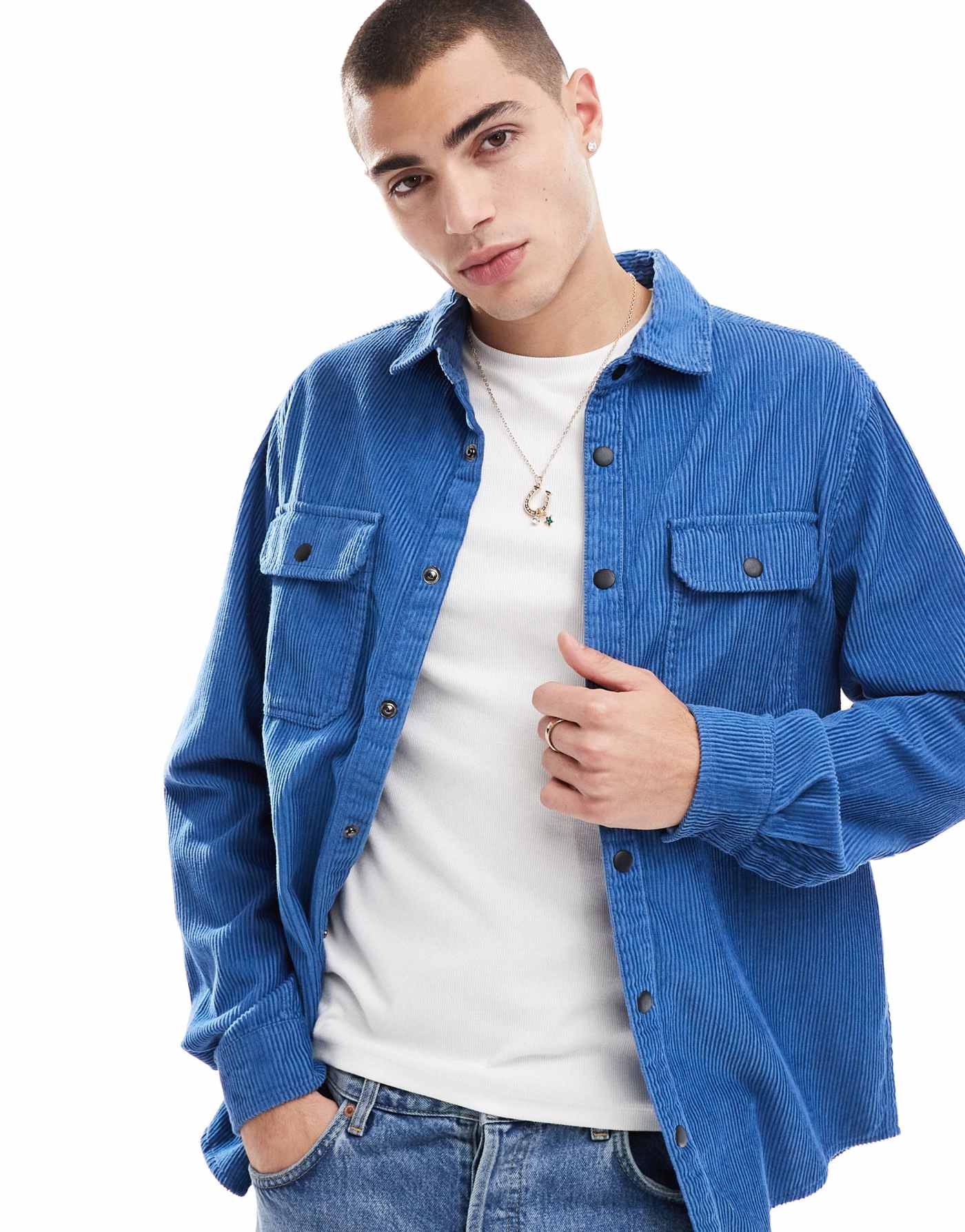 ASOS DESIGN cord overshirt with poppers in blue