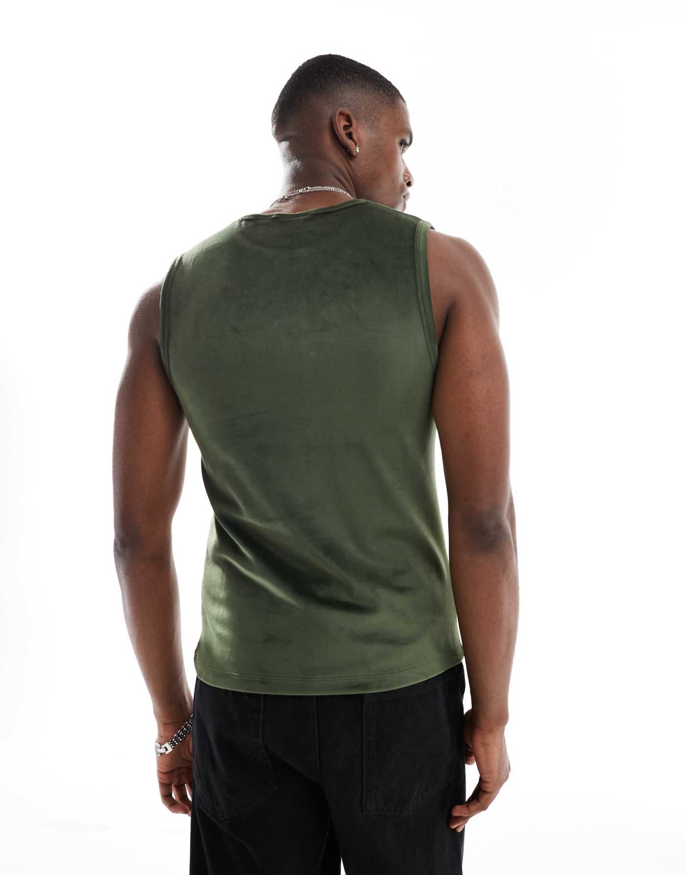 ASOS DESIGN muscle fit tank vest in khaki velour