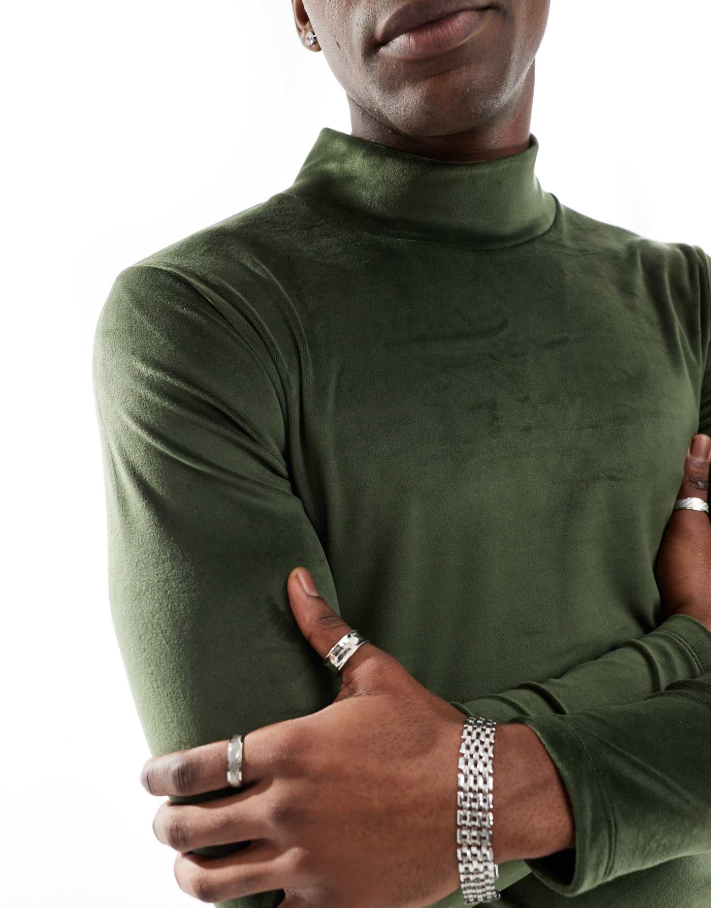 ASOS DESIGN muscle fit long sleeve t-shirt with high neck in khaki velour