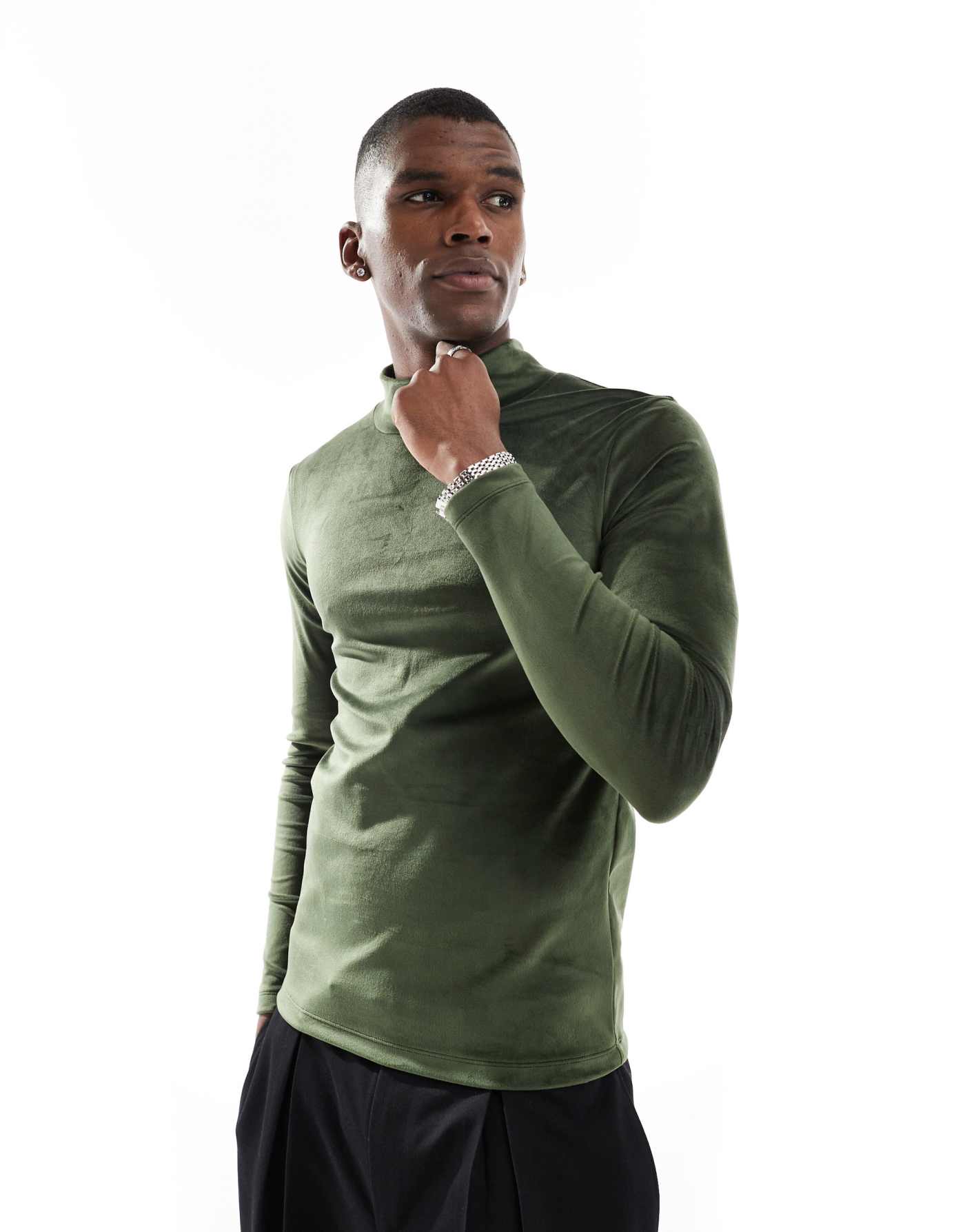 ASOS DESIGN muscle fit long sleeve t-shirt with high neck in khaki velour