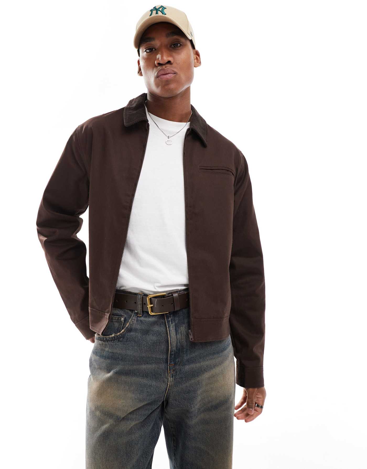 ASOS DESIGN oversized harrington jacket with cord collar in brown