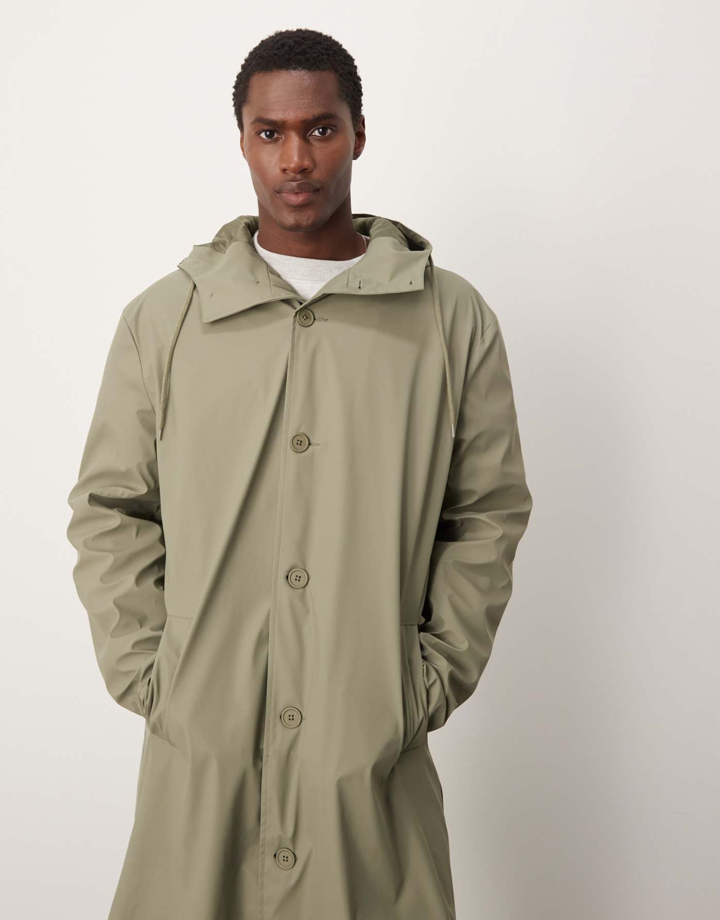 ASOS DESIGN rubberised trench coat with hood in khaki