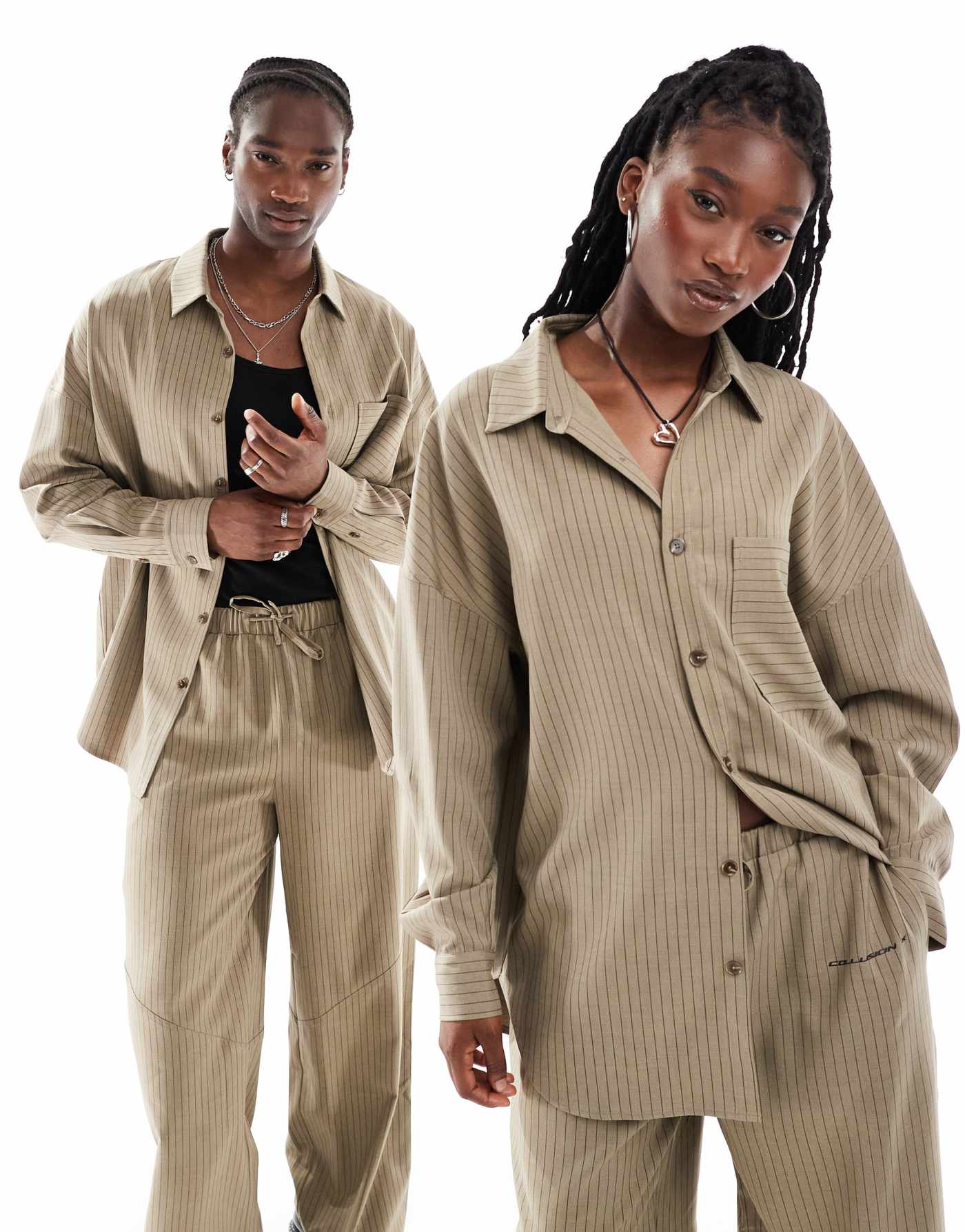 COLLUSION Unisex co-ord oversized shirt in brown pinstripe