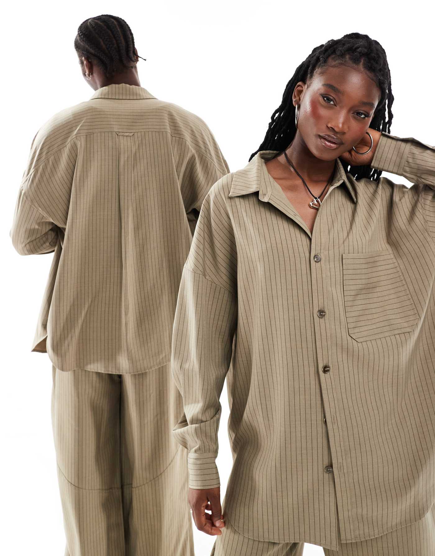 COLLUSION Unisex co-ord oversized shirt in brown pinstripe