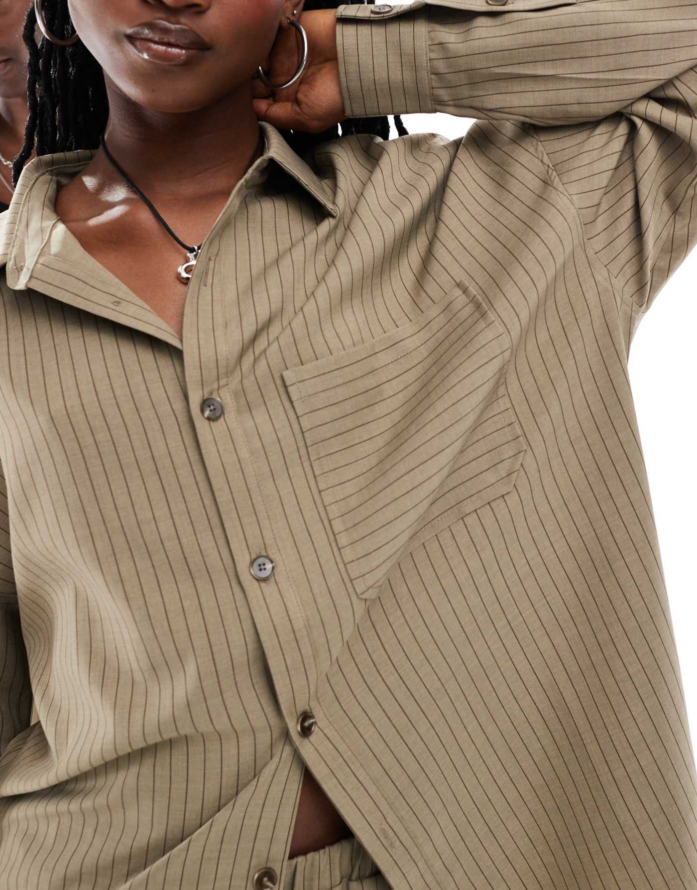 COLLUSION Unisex co-ord oversized shirt in brown pinstripe