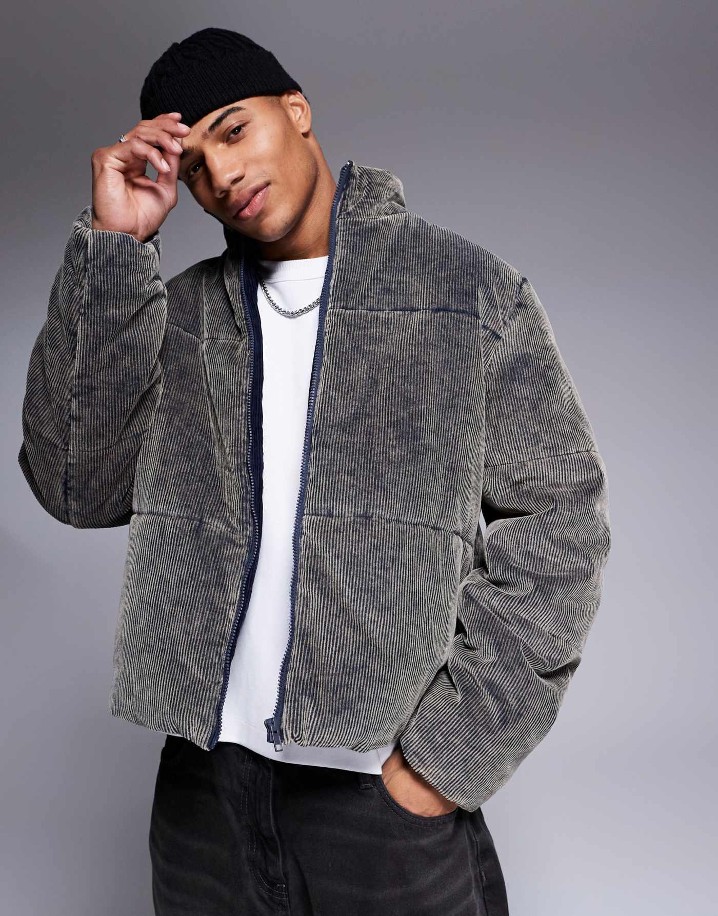 ASOS DESIGN acid washed cord puffer jacket in navy