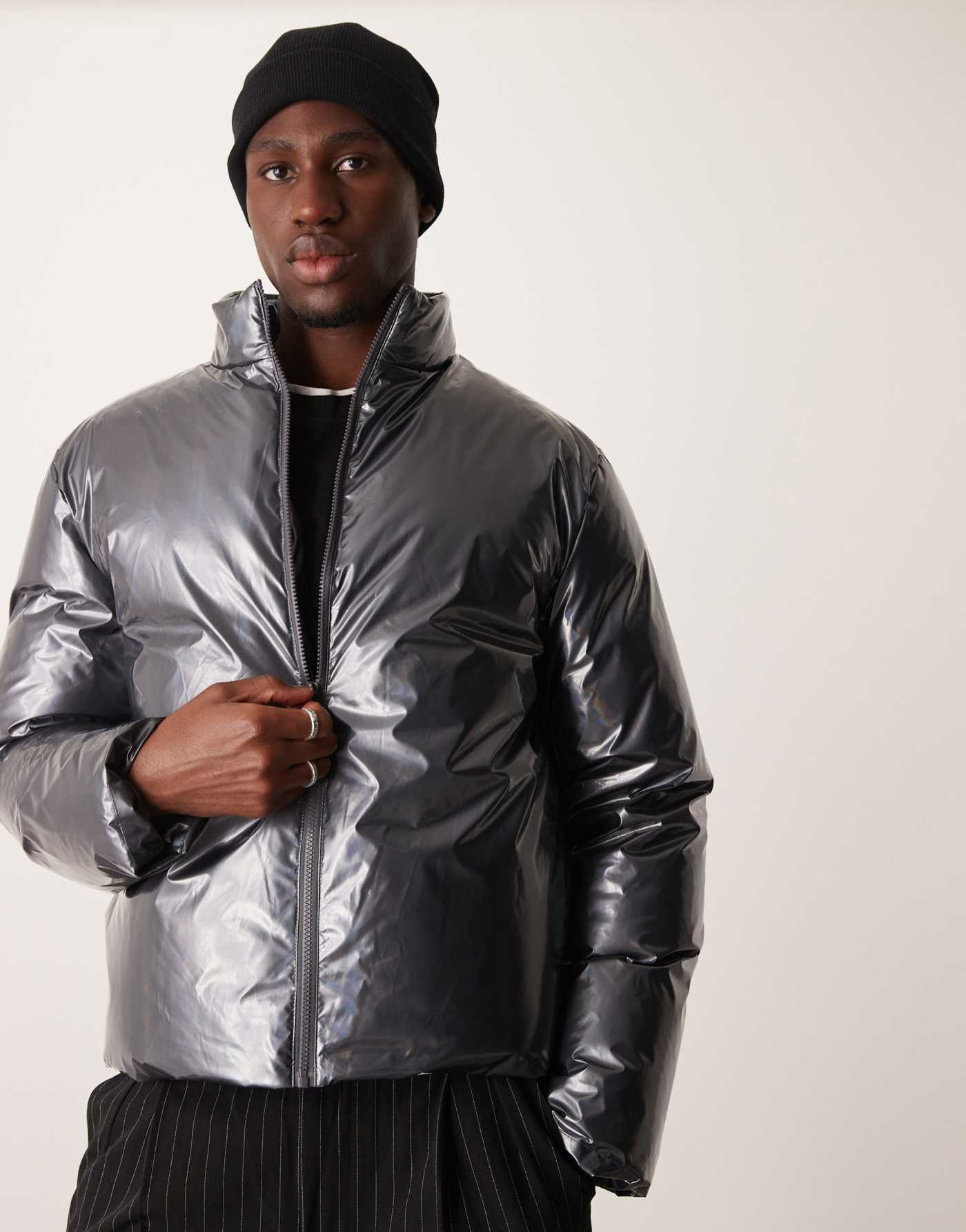 ASOS DESIGN metallic puffer jacket in grey