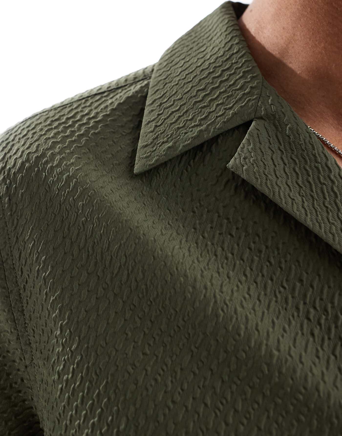 ASOS DESIGN relaxed textured shirt with revere collar in khaki