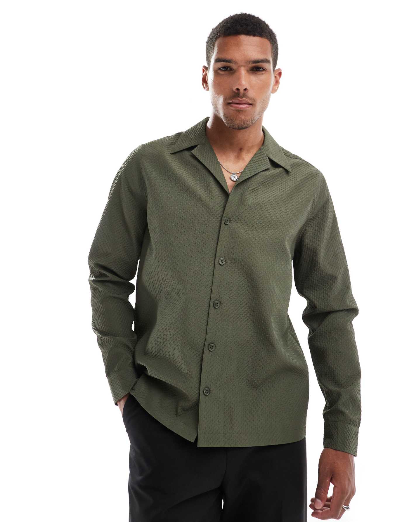 ASOS DESIGN relaxed textured shirt with revere collar in khaki