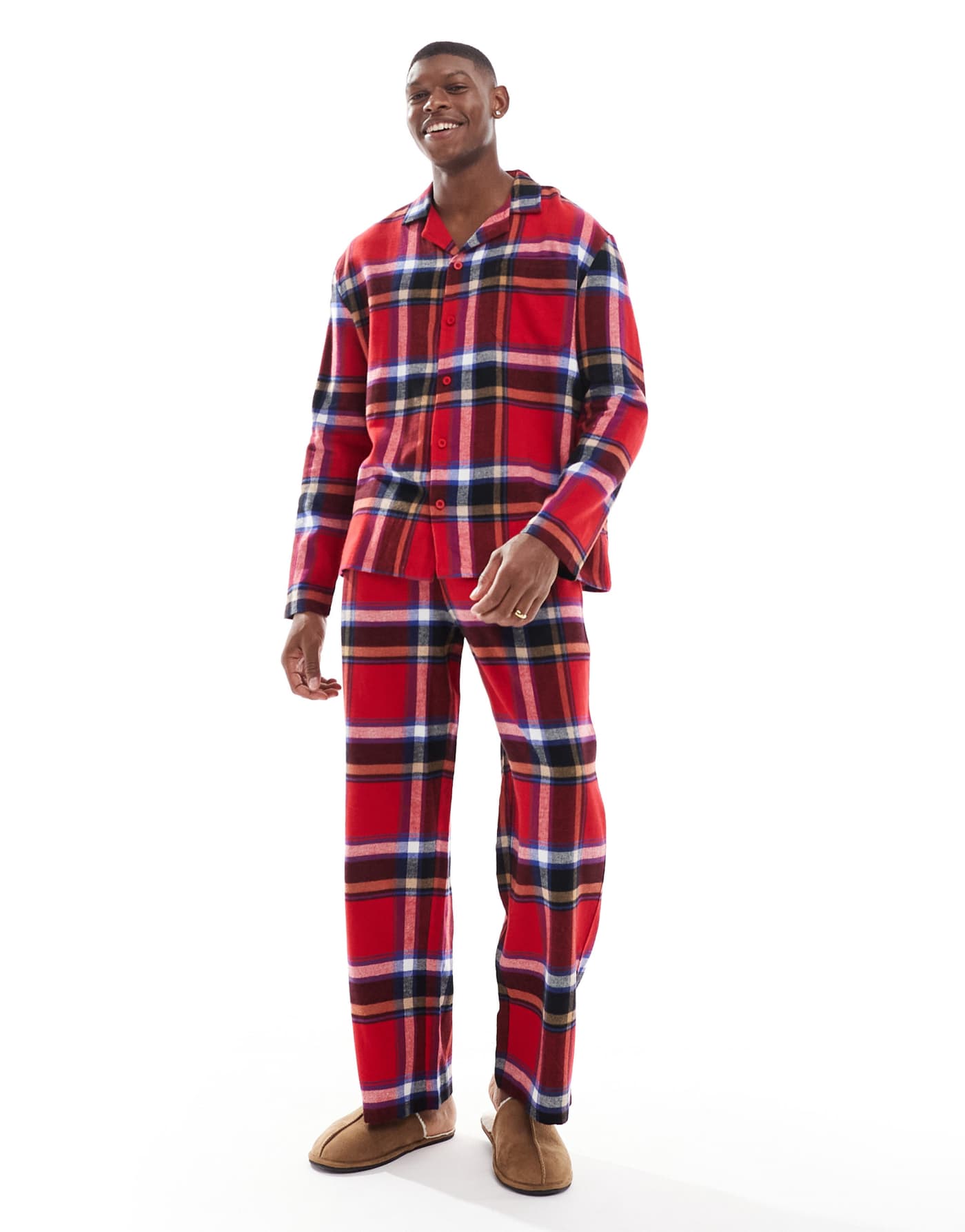 ASOS DESIGN pyjama set with tartan shirt and bottoms in red