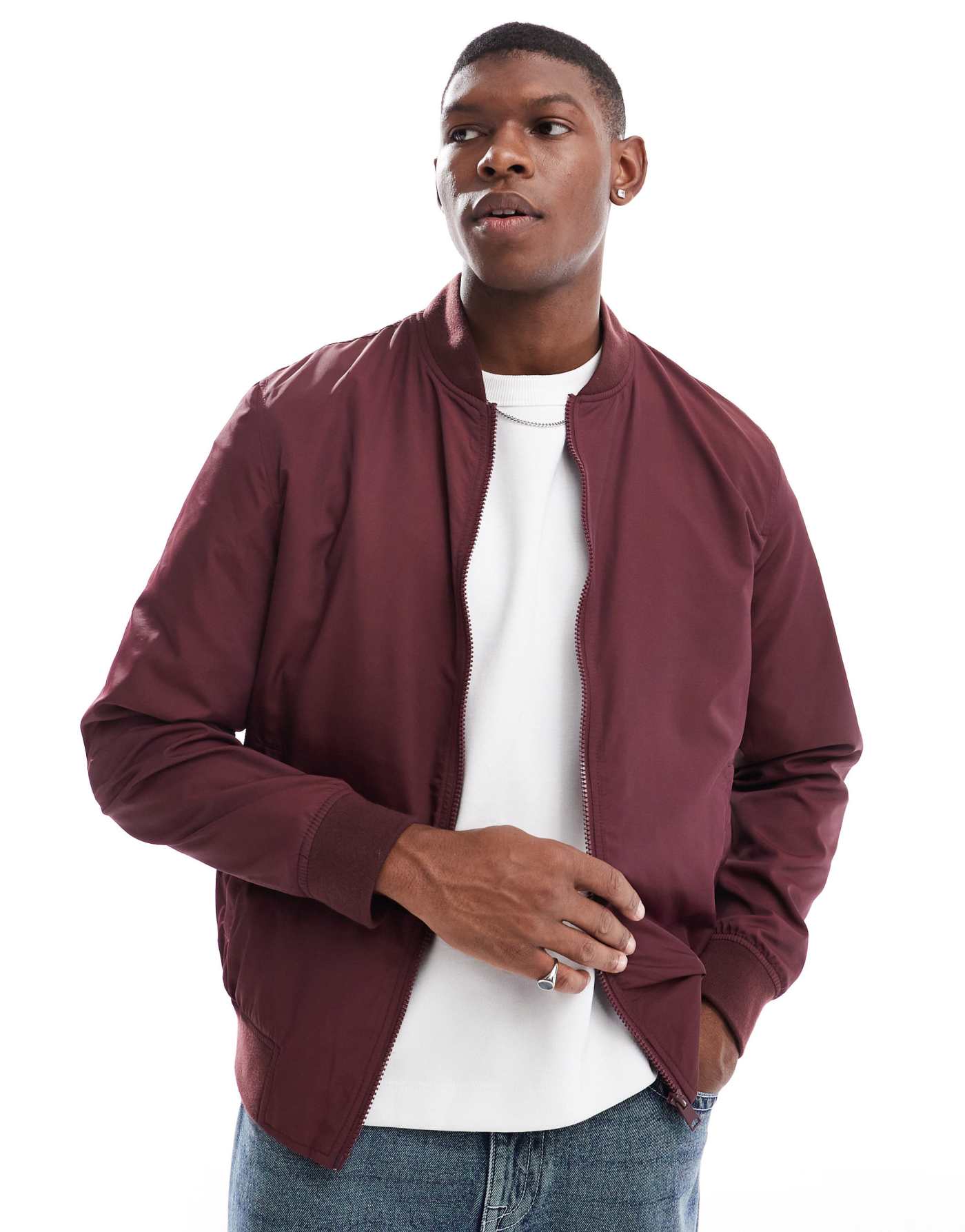 ASOS DESIGN lightweight bomber jacket in burgundy