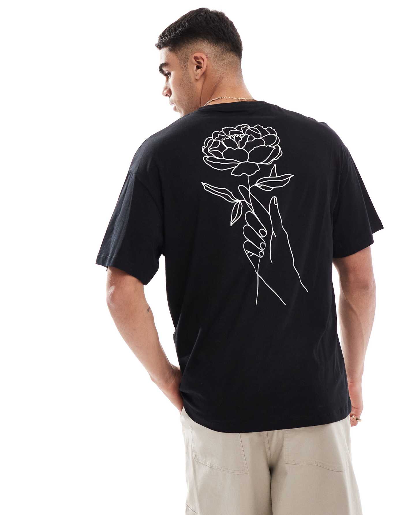 Jack & Jones oversized flower back print t-shirt in black