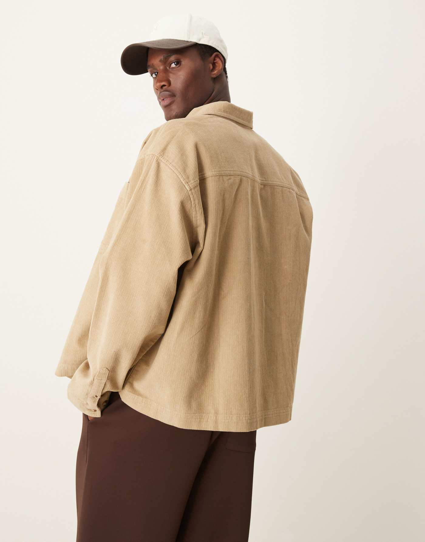 ASOS DESIGN boxy oversized cord shirt with chest embroidery in stone