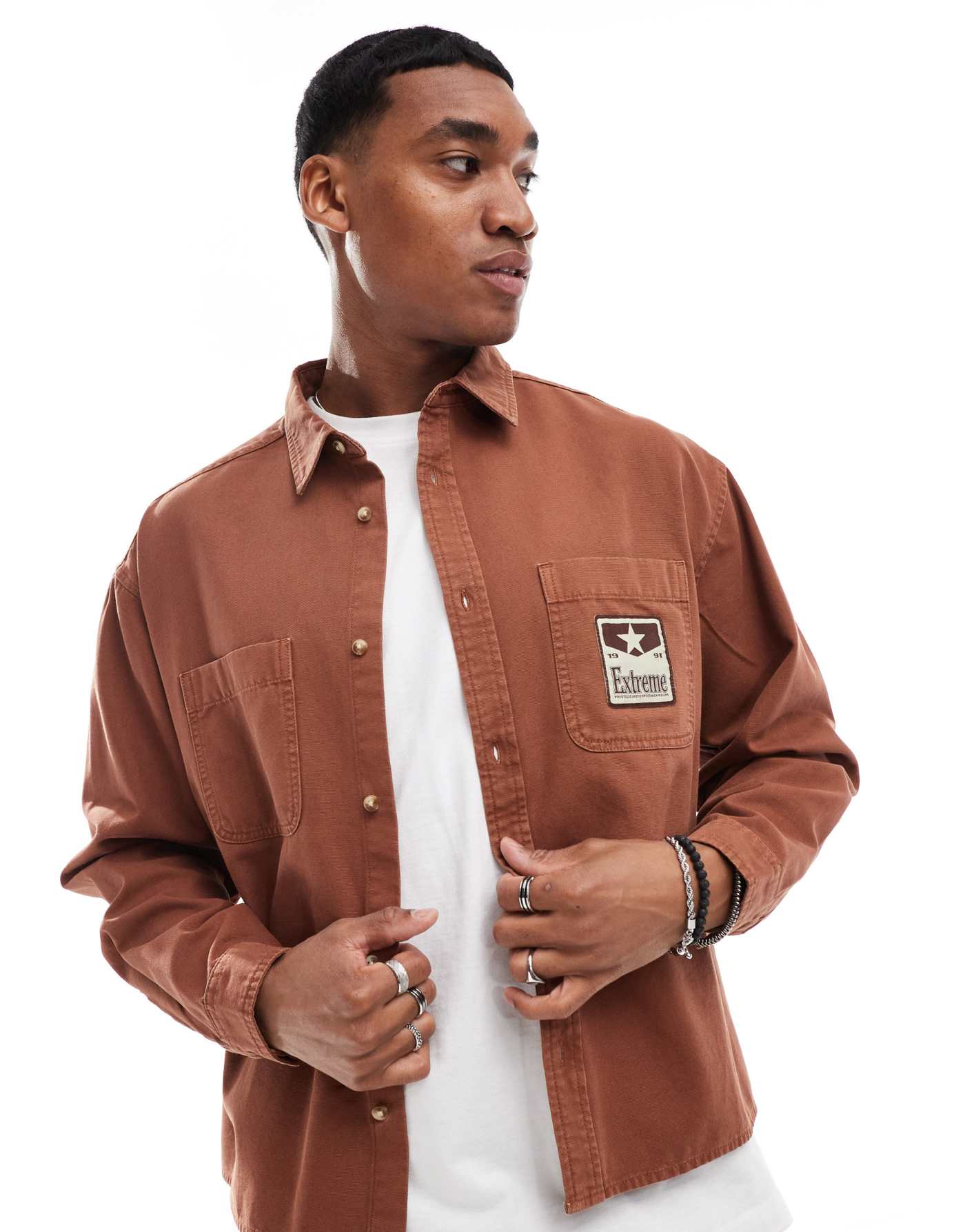 ASOS DESIGN boxy oversized shirt with placement badge in rust