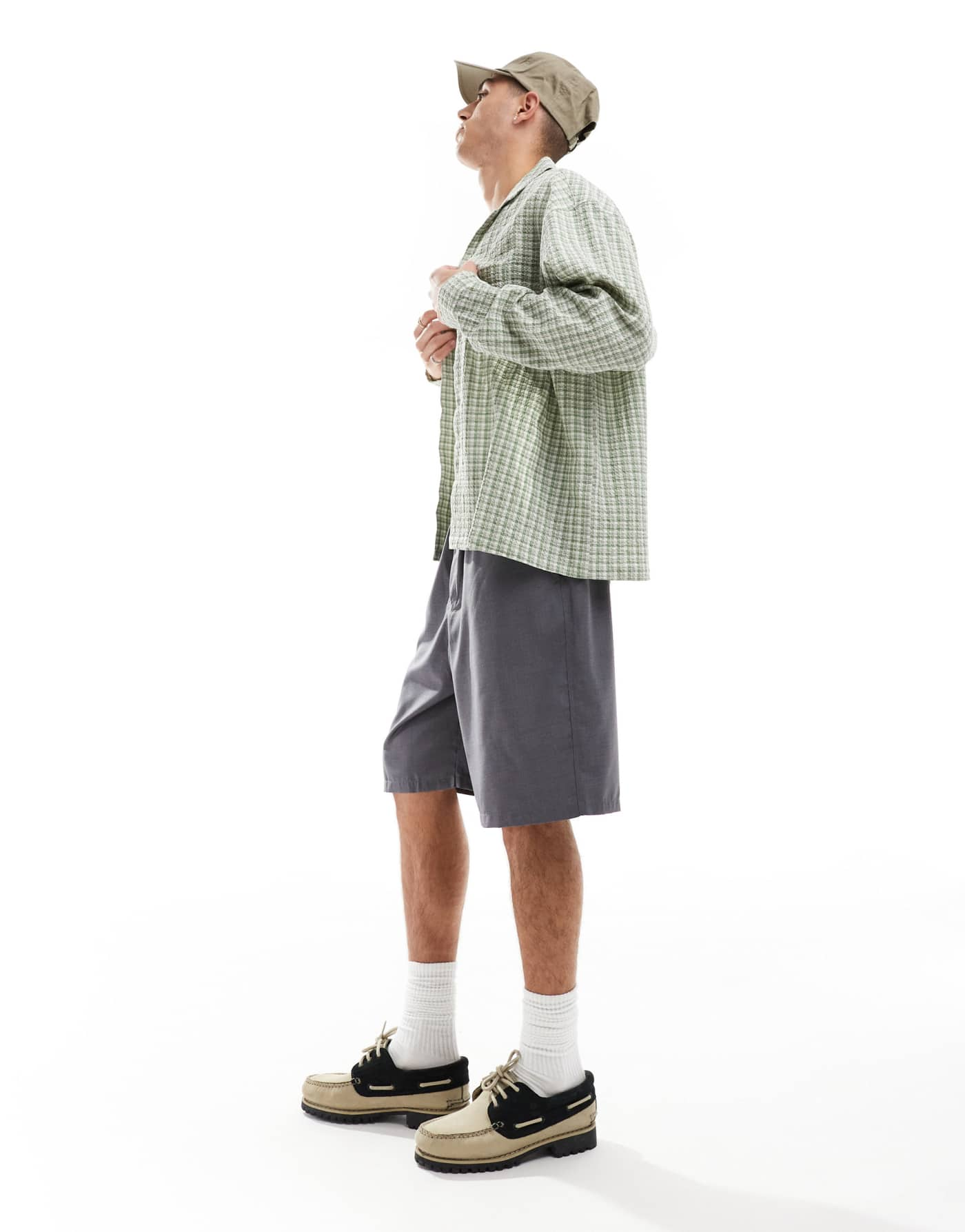 ASOS DESIGN boxy oversized revere shirt in sage dad check