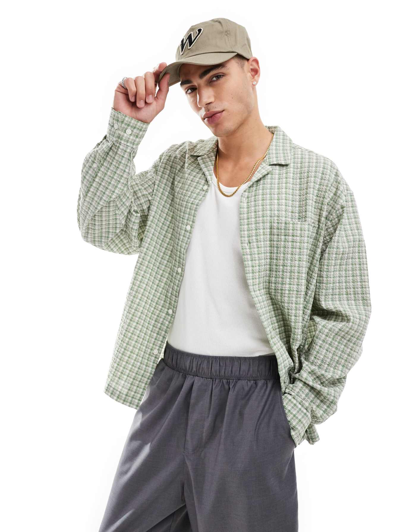 ASOS DESIGN boxy oversized revere shirt in sage dad check