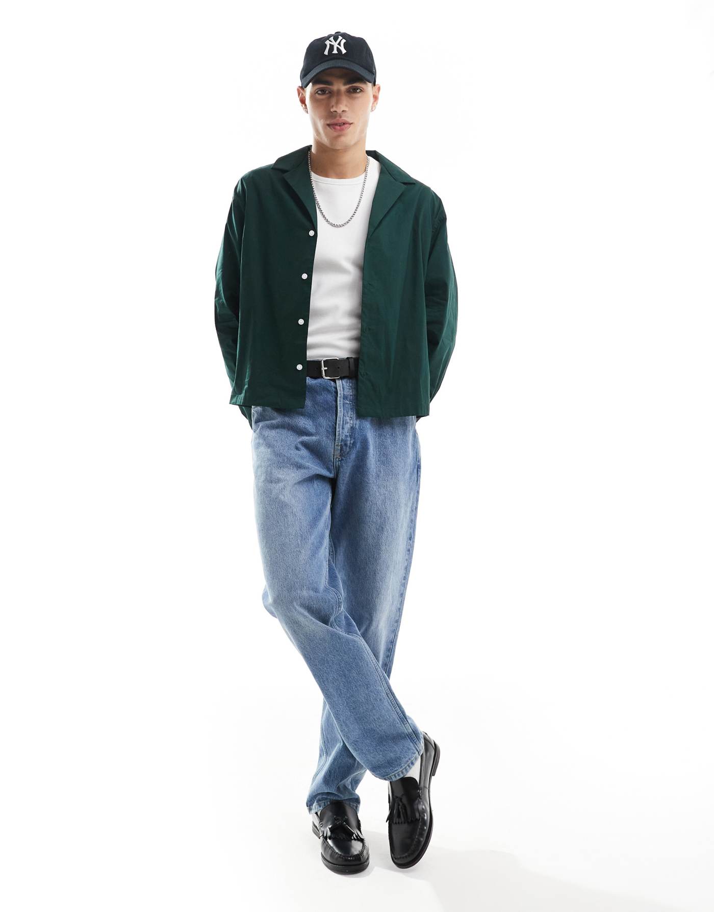 ASOS DESIGN boxy oversized poplin shirt with deep revere collar in dark green