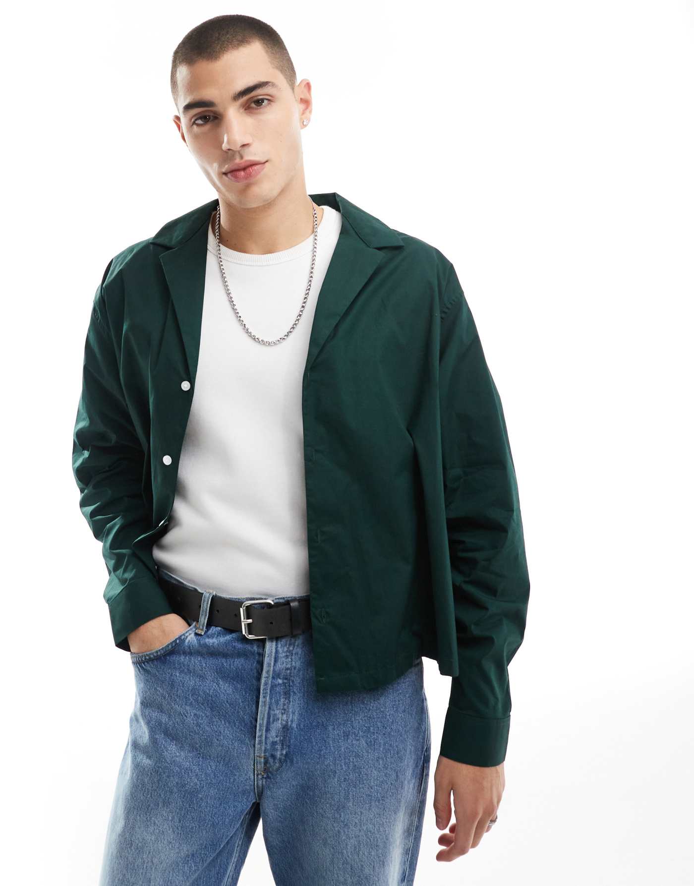 ASOS DESIGN boxy oversized poplin shirt with deep revere collar in dark green