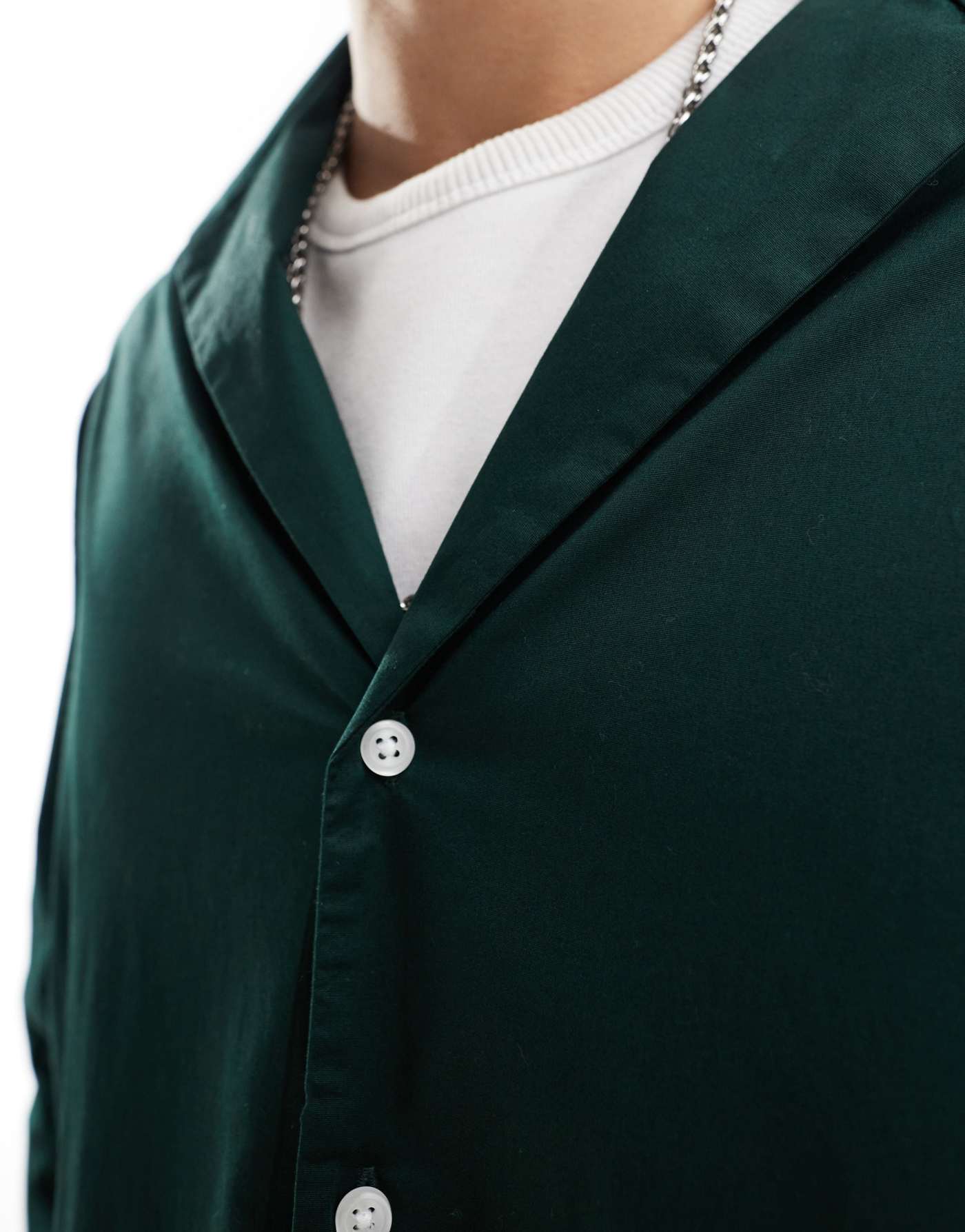 ASOS DESIGN boxy oversized poplin shirt with deep revere collar in dark green