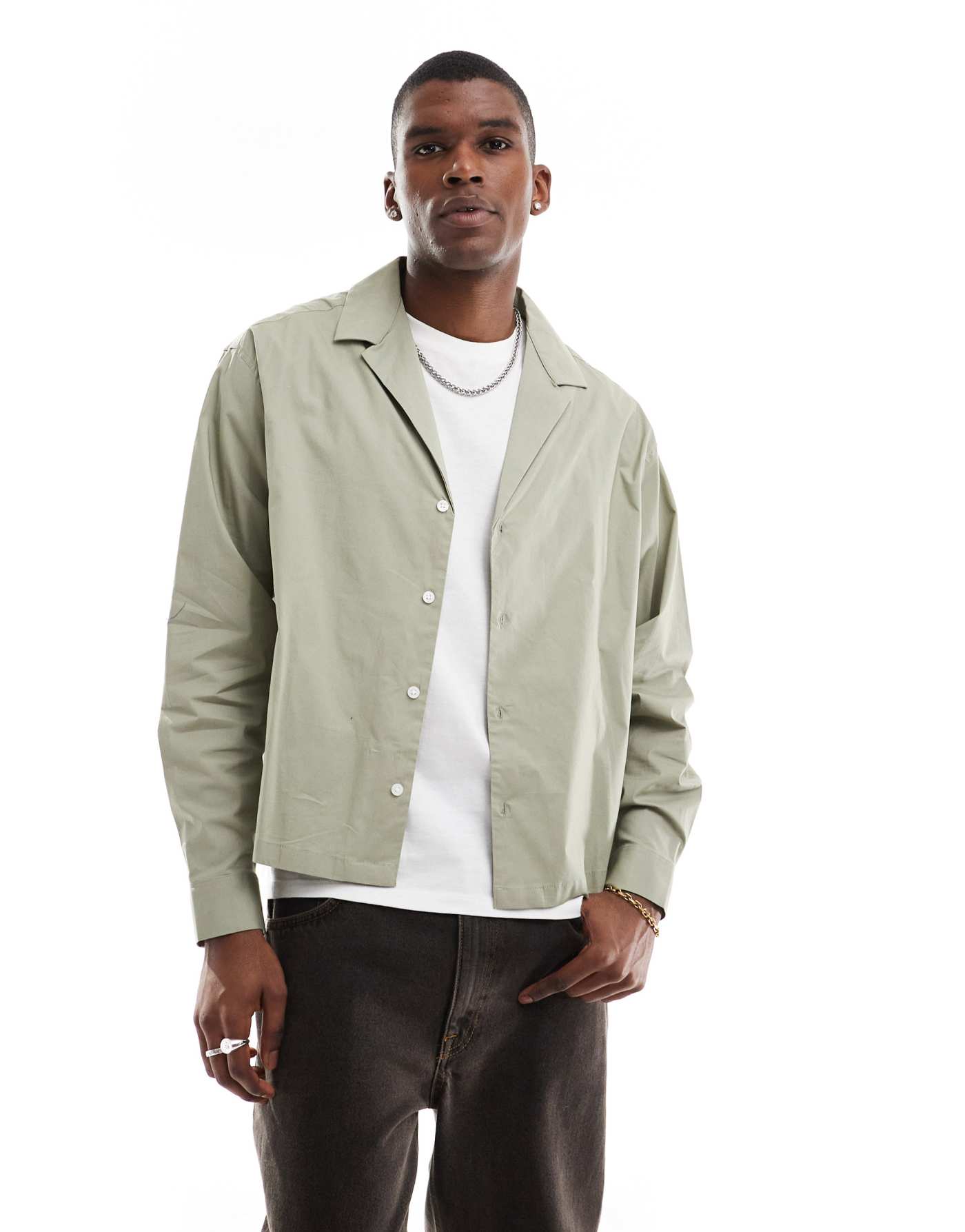 ASOS DESIGN boxy oversized poplin shirt with deep revere in pale green