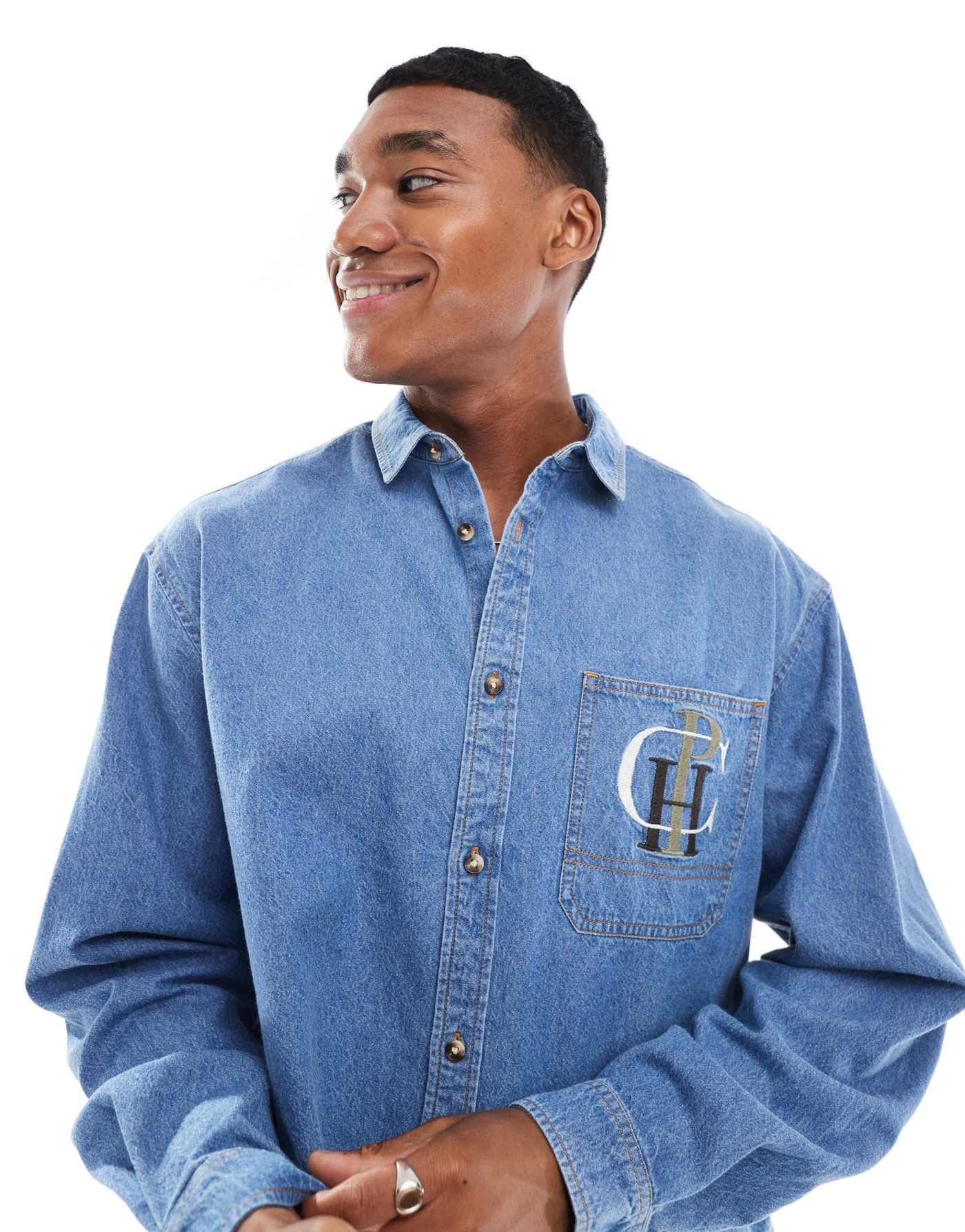 ASOS DESIGN boxy oversized denim shirt with chest embroidery in mid blue