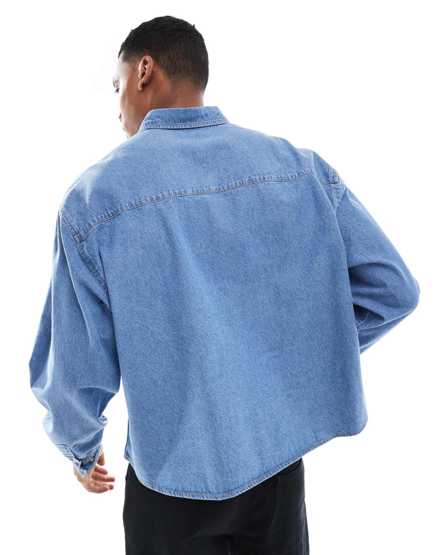 ASOS DESIGN boxy oversized denim shirt with chest embroidery in mid blue