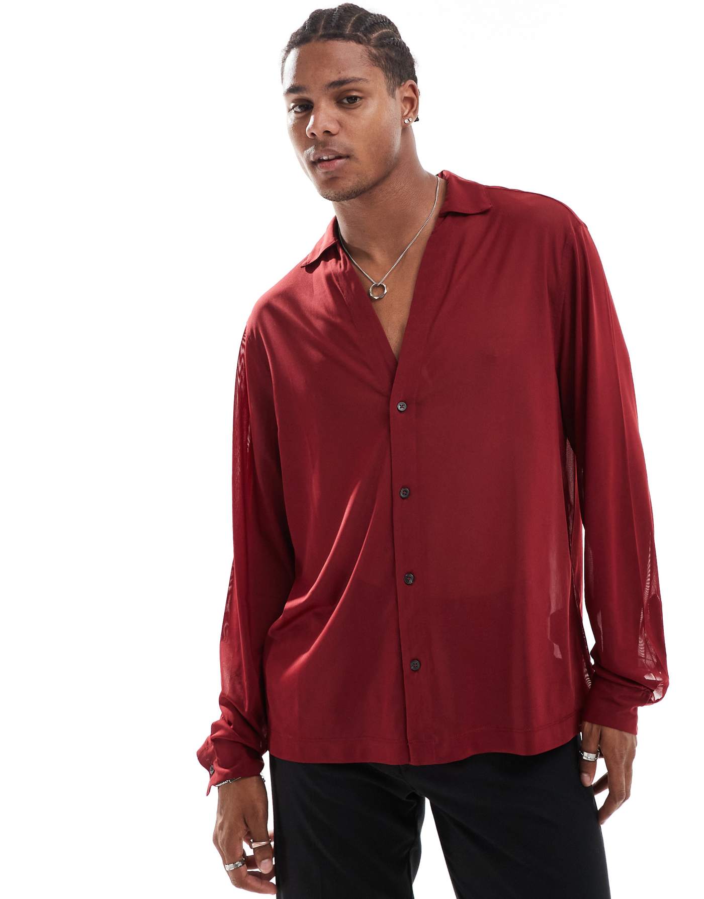 ASOS DESIGN boxy stretch sheer shirt with deep revere in burgundy