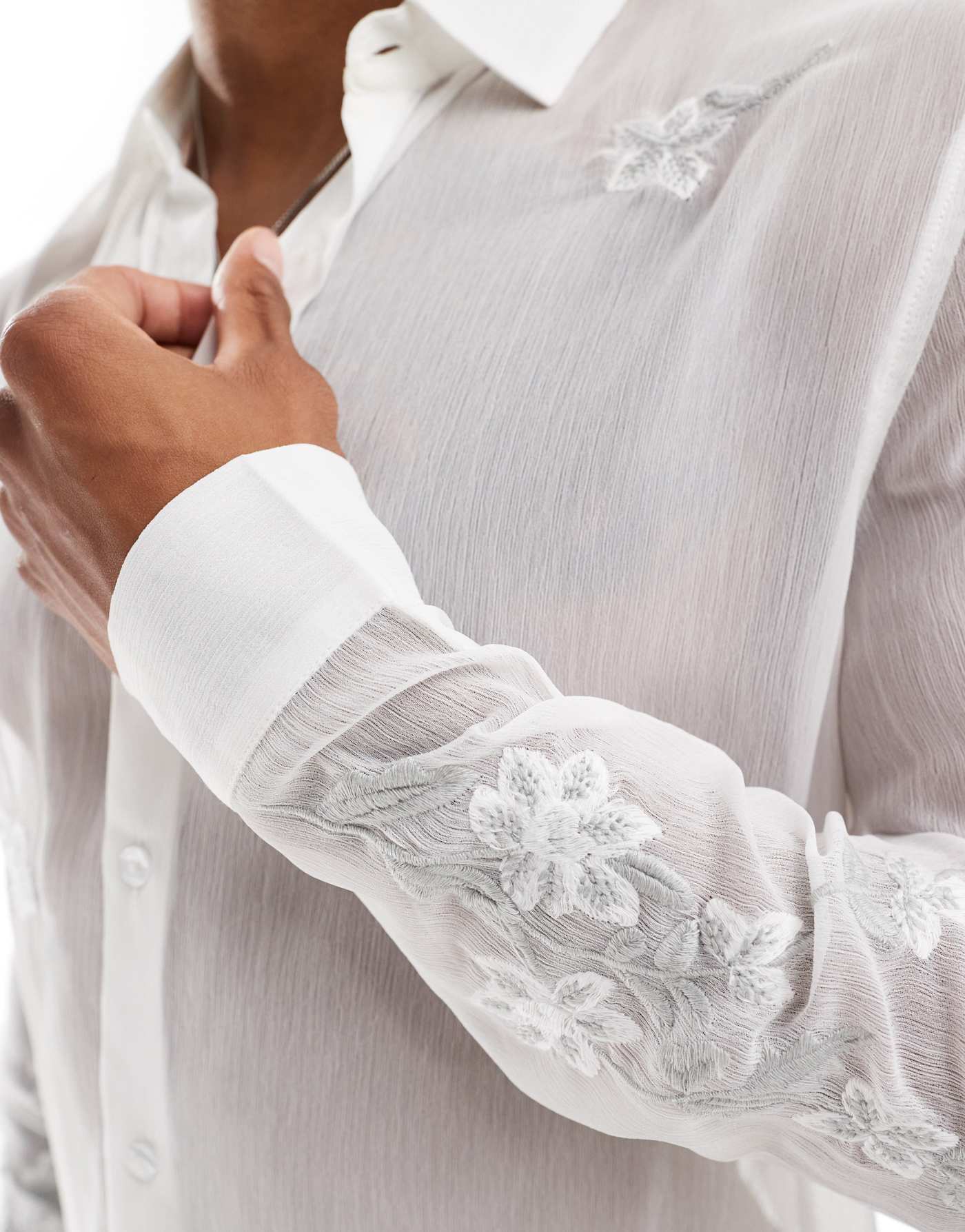 ASOS DESIGN sheer shirt with floral embroidery in white