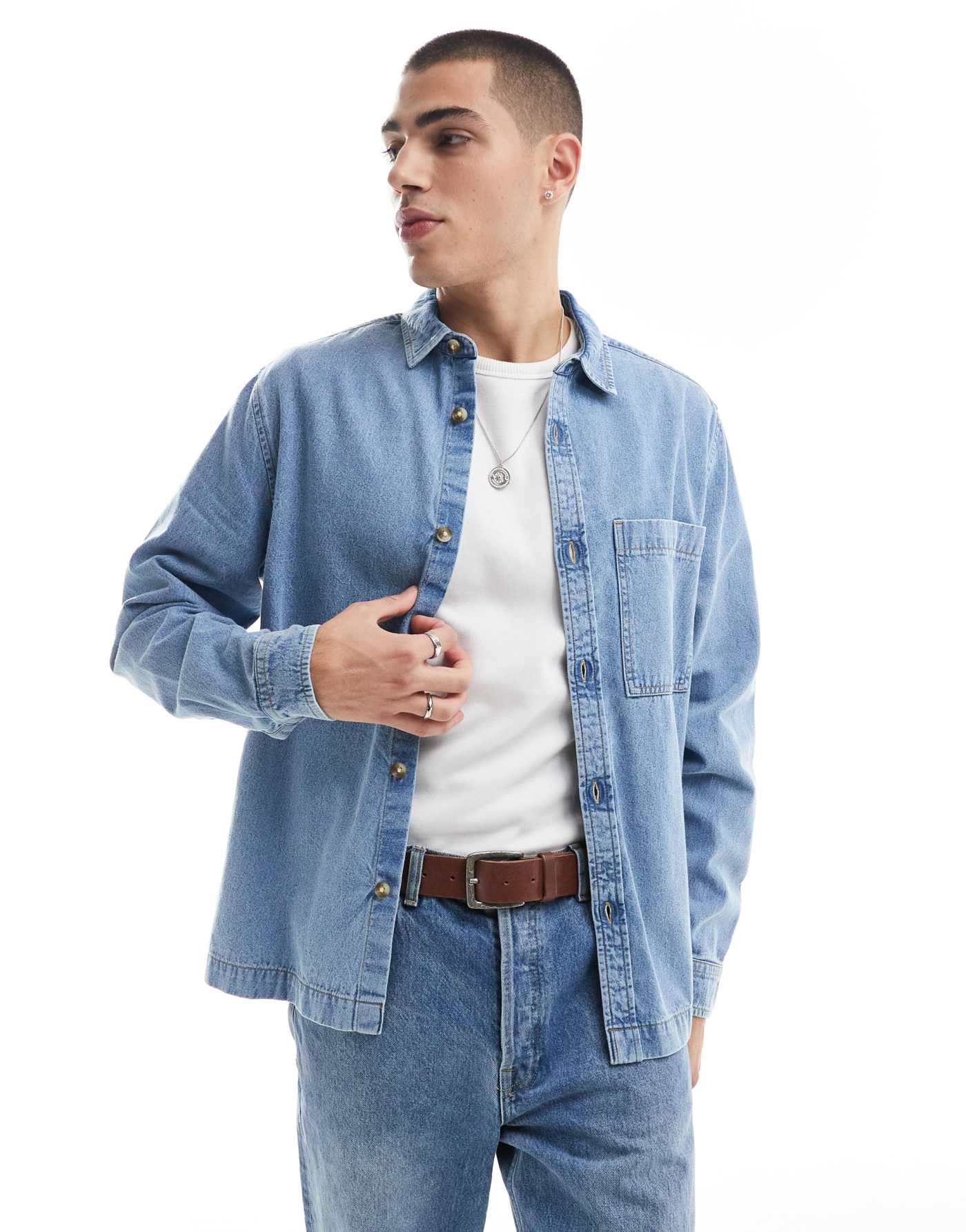 ASOS DESIGN denim overshirt with contrast top stitching in blue