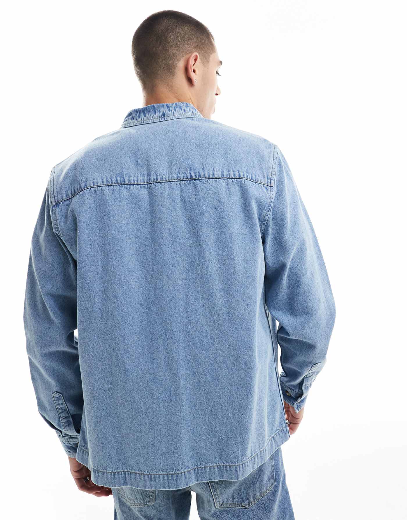 ASOS DESIGN denim overshirt with contrast top stitching in blue